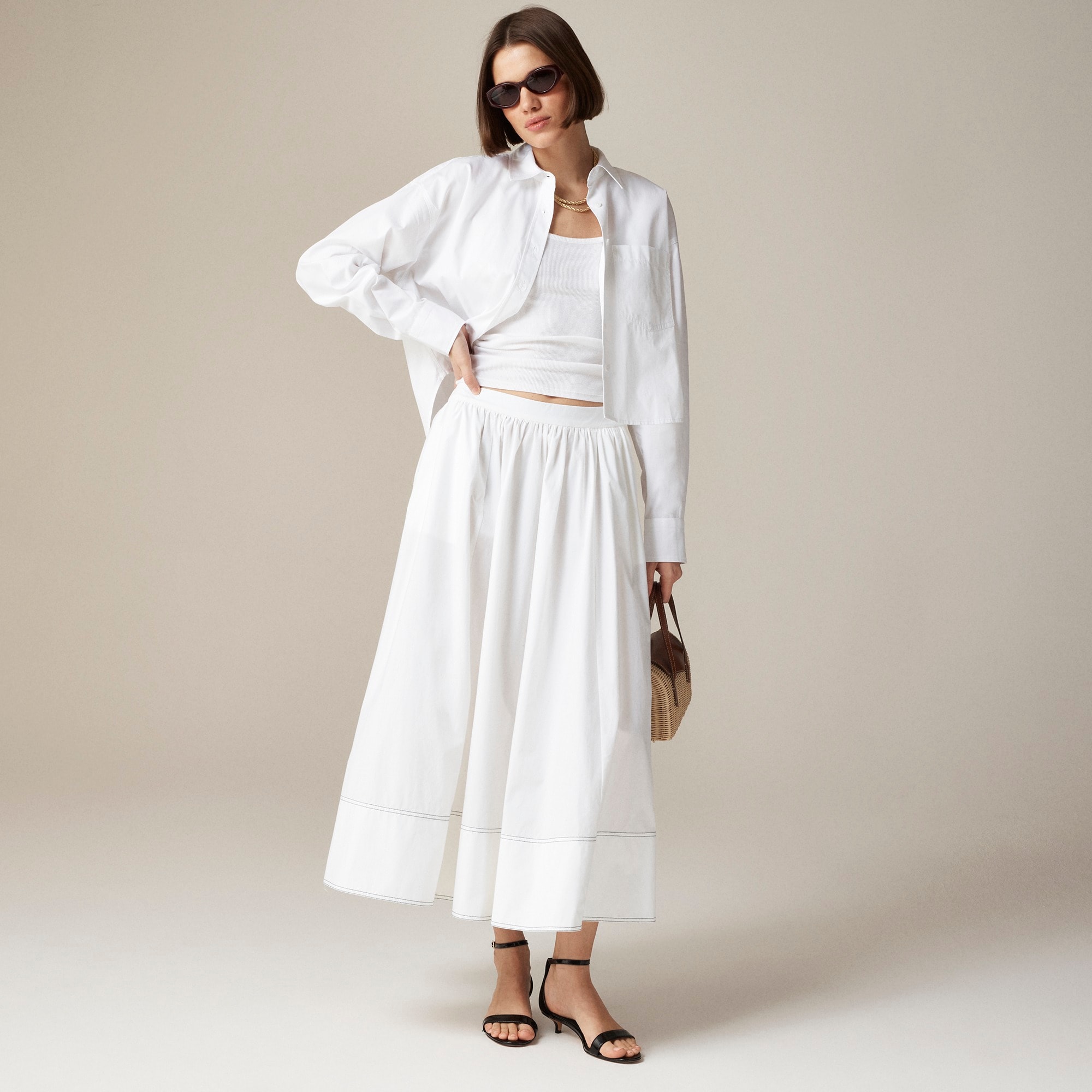 Contrast-stitch midi skirt in cotton poplin