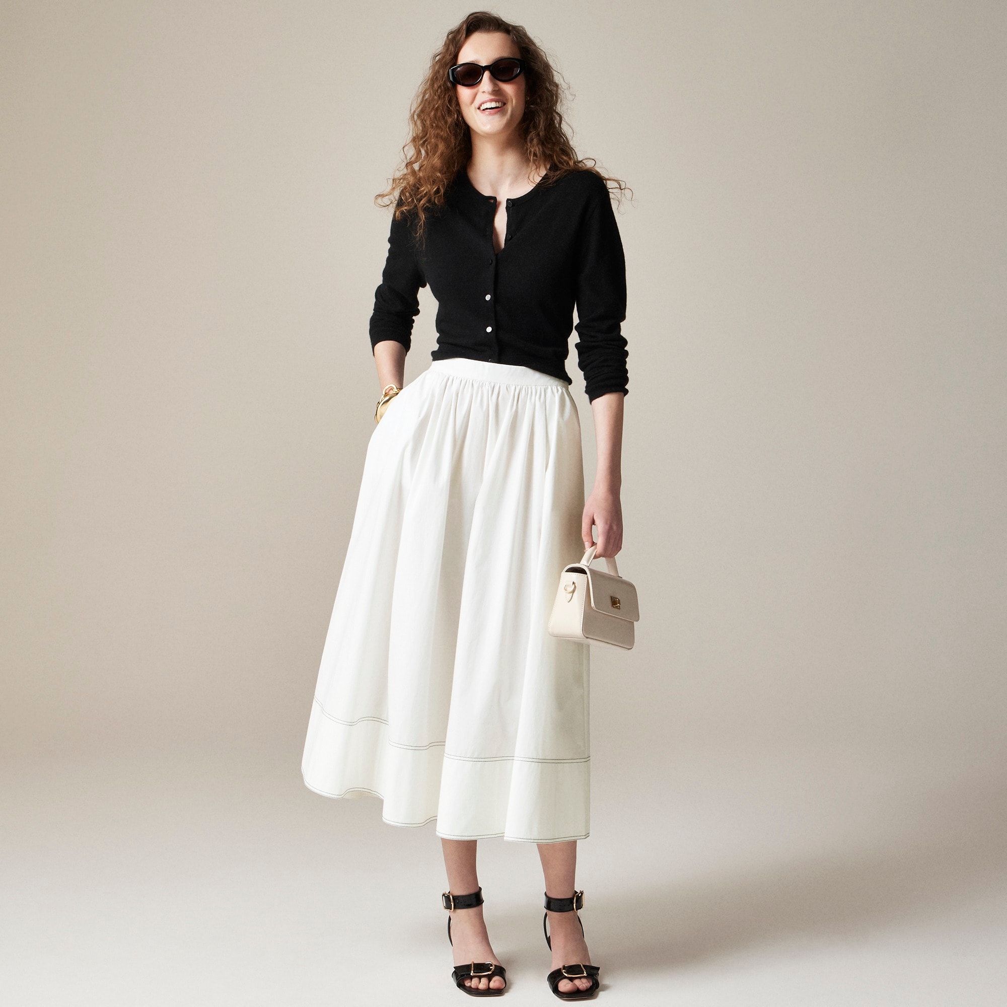 womens Contrast-stitch midi skirt in cotton poplin