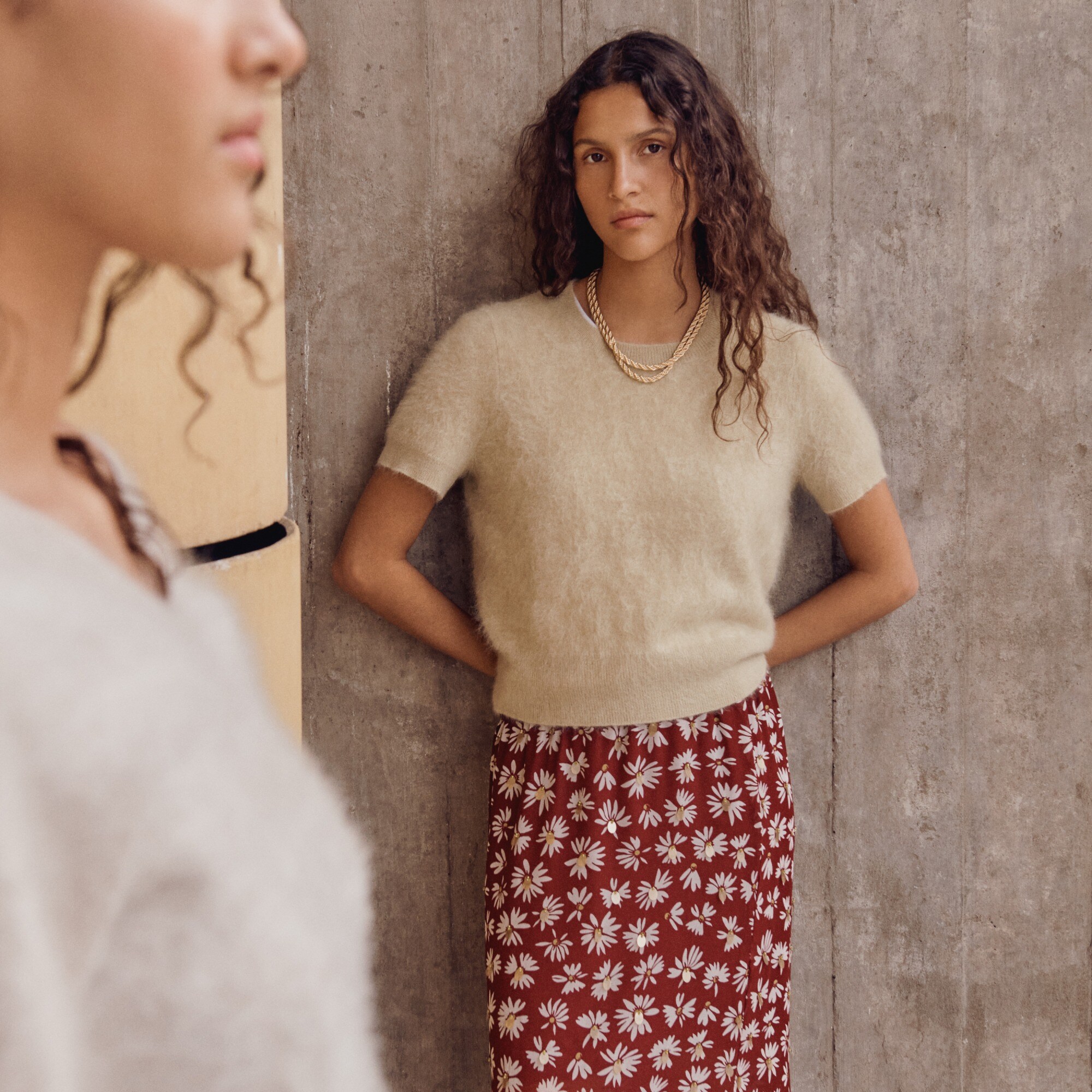 Collection Gwen knee-length layered slip skirt in embellished daisy chiffon