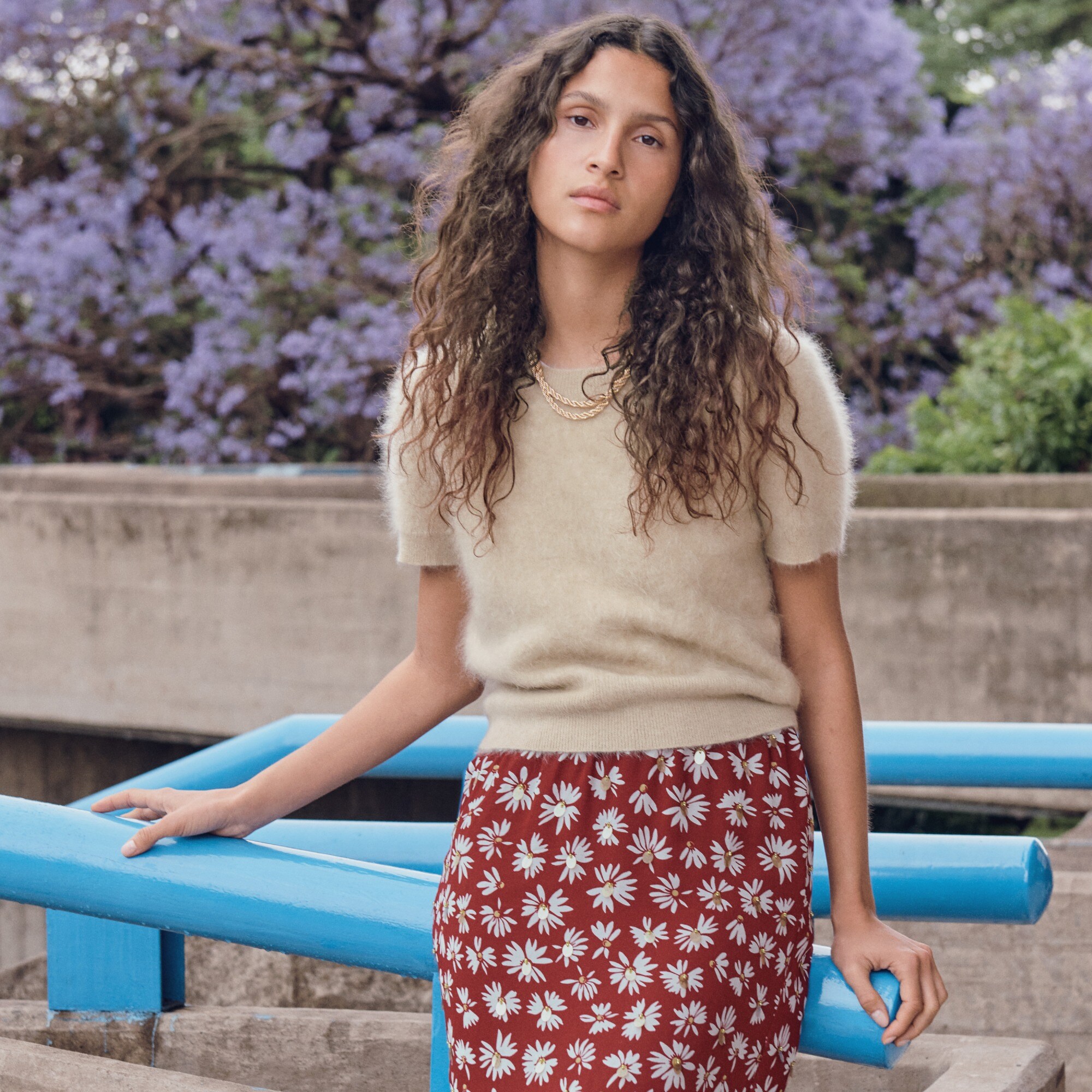 Collection Gwen knee-length layered slip skirt in embellished daisy chiffon