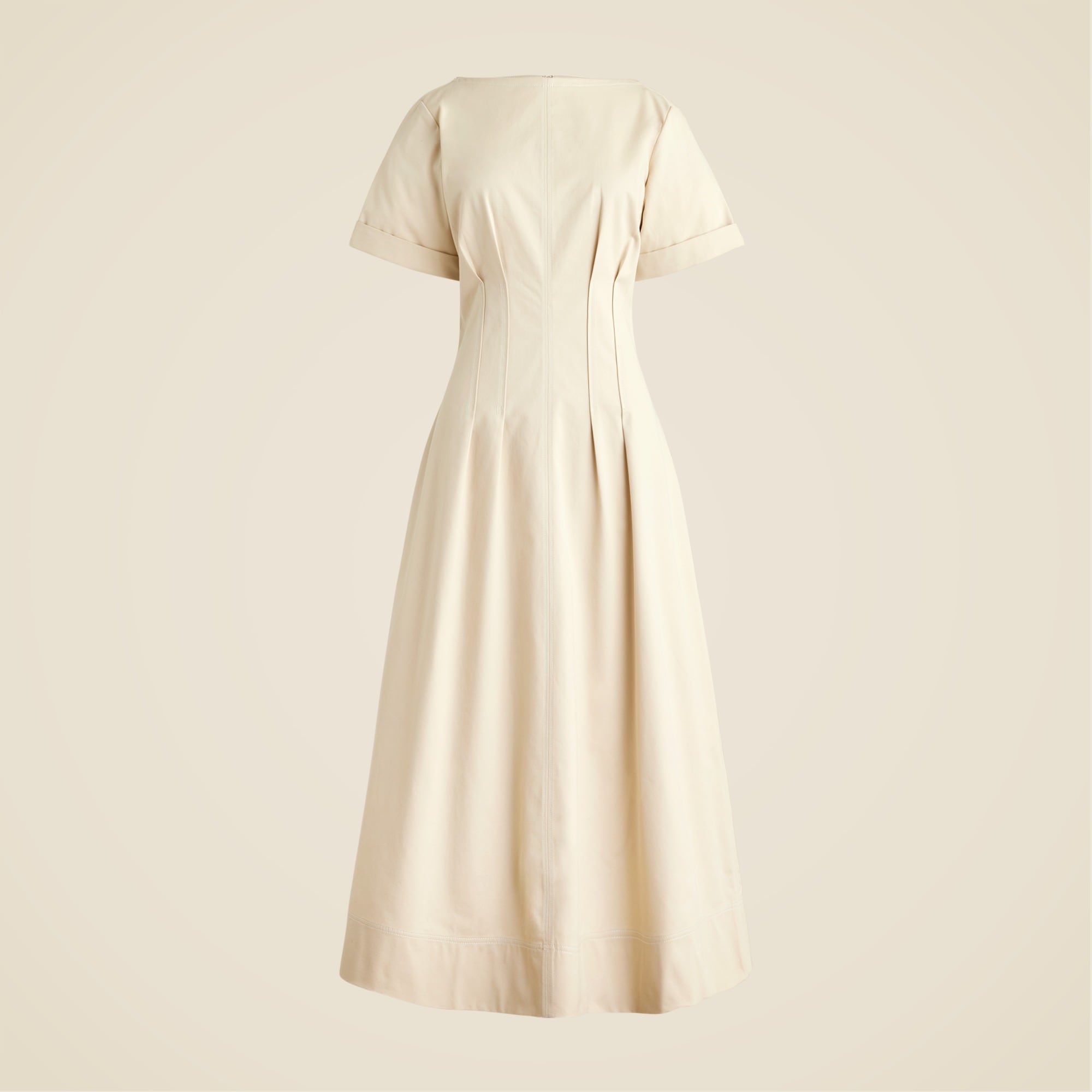 Short-sleeve pintuck midi dress in stretch twill