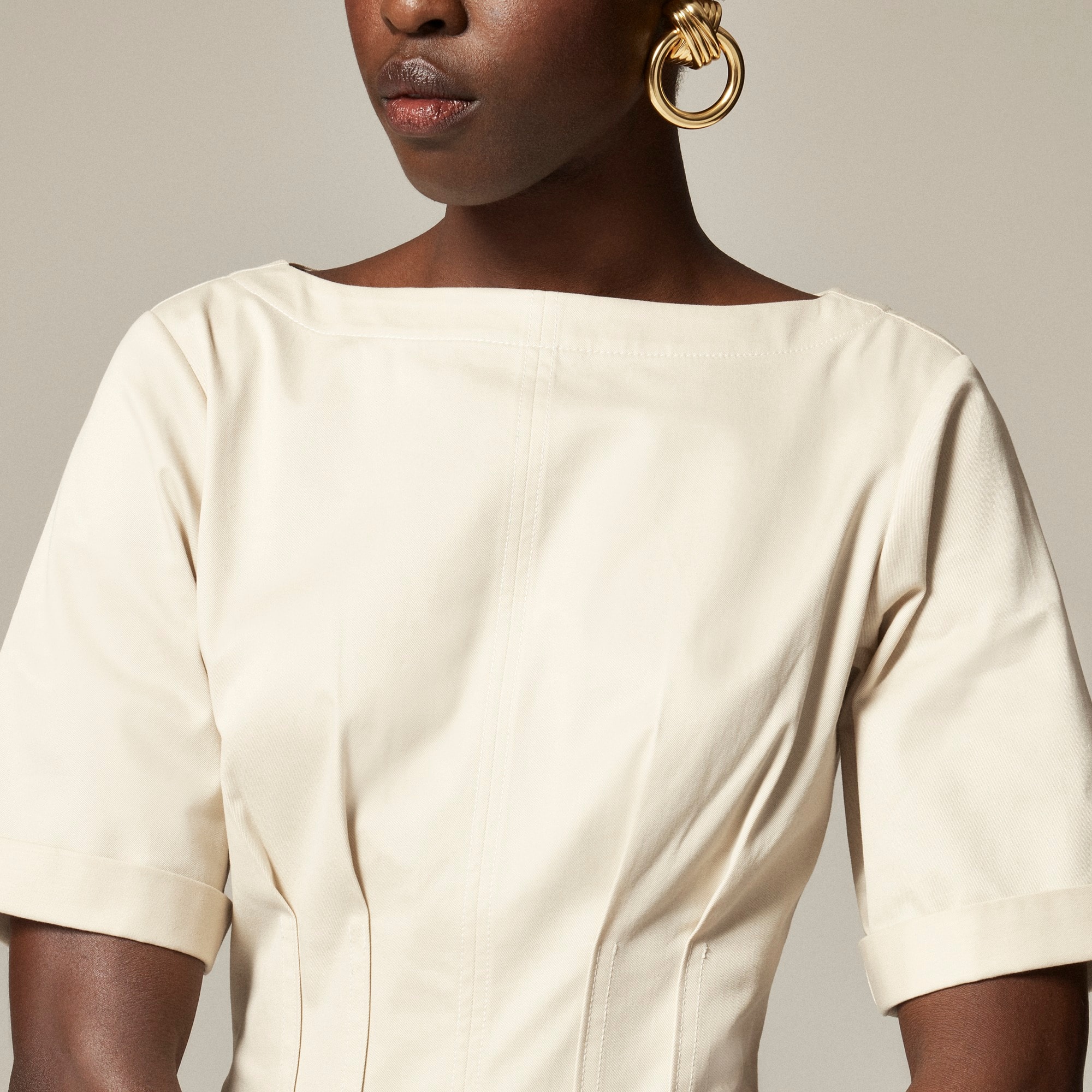 Short-sleeve pintuck midi dress in stretch twill