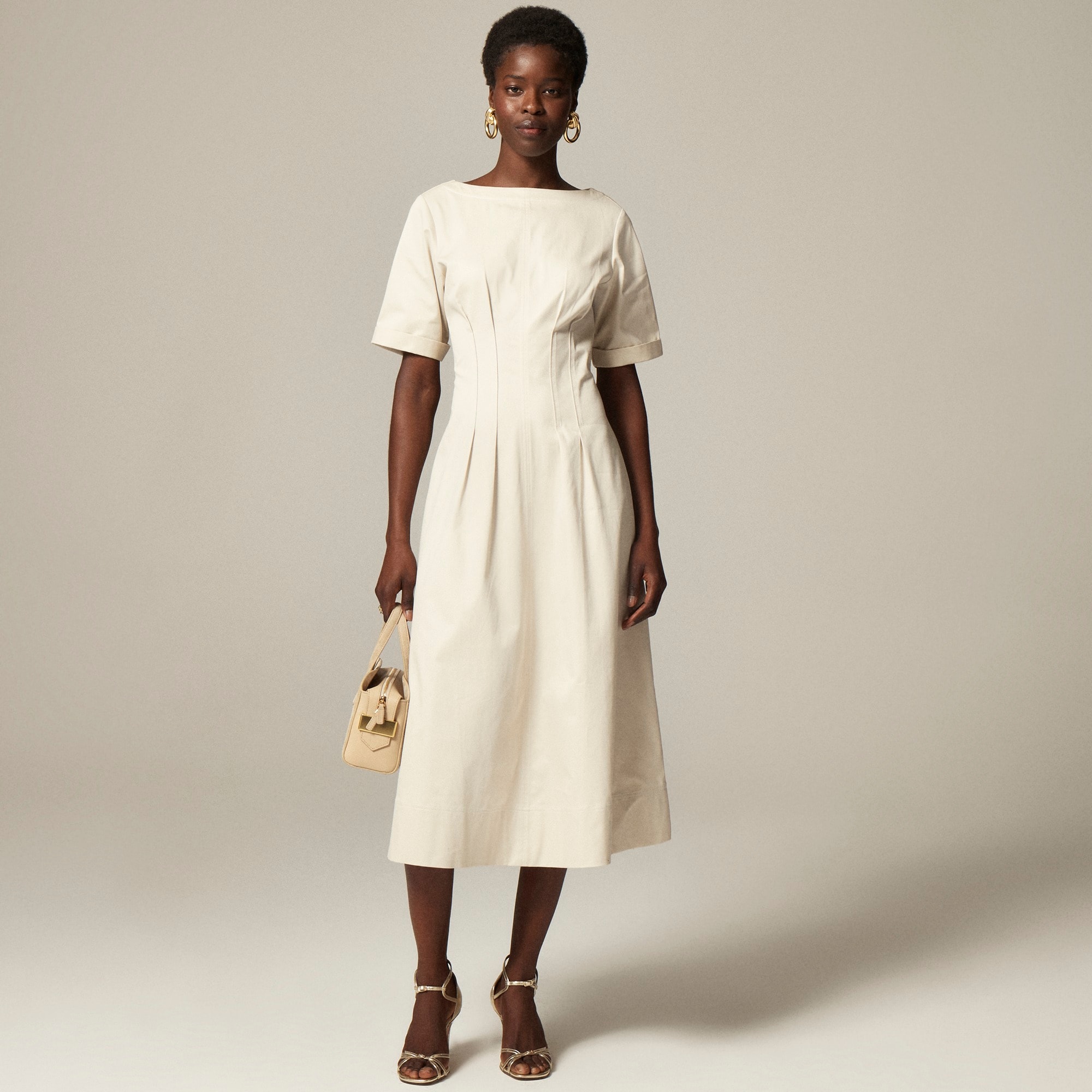 womens Short-sleeve pintuck midi dress in stretch twill