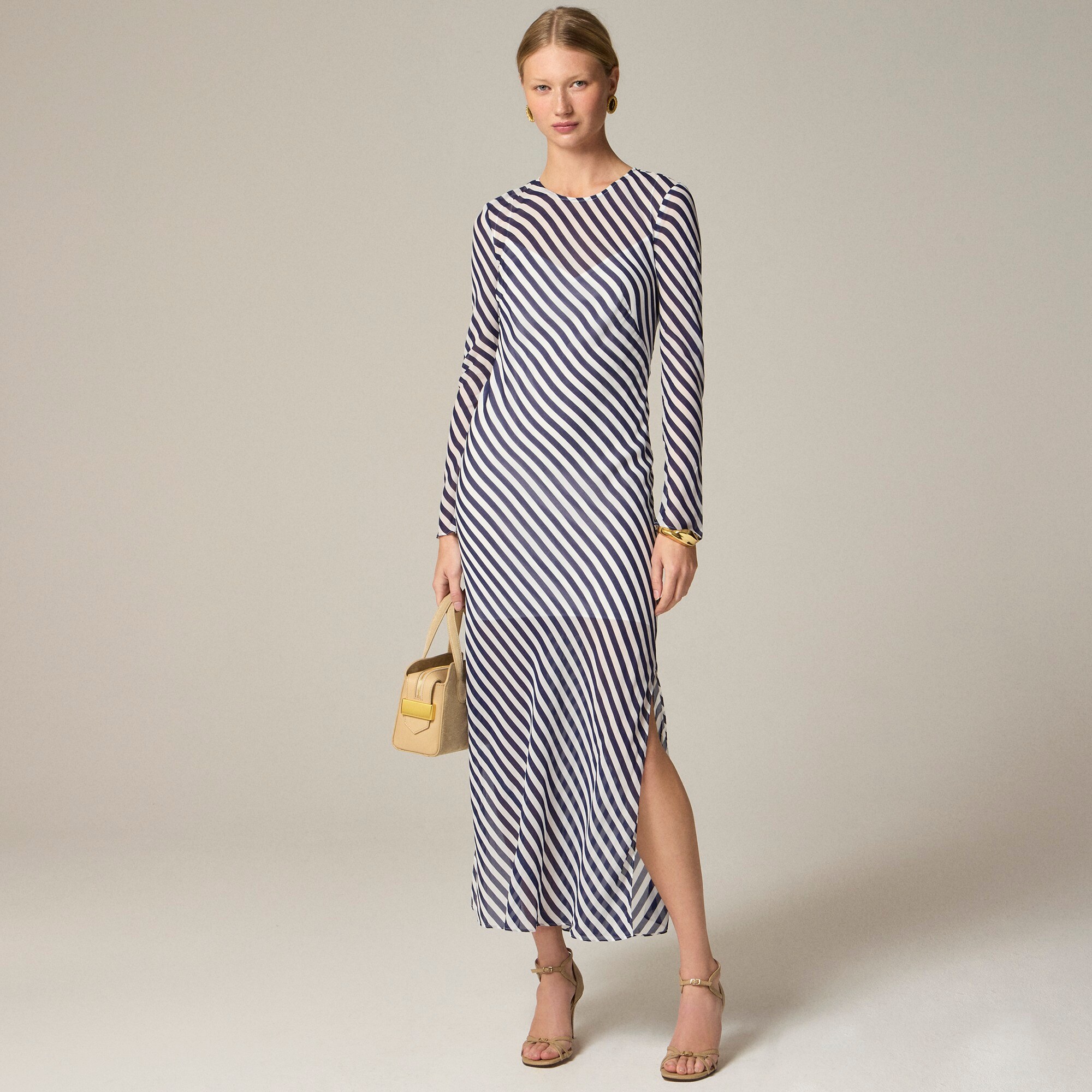 womens Long-sleeve striped dress in viscose chiffon