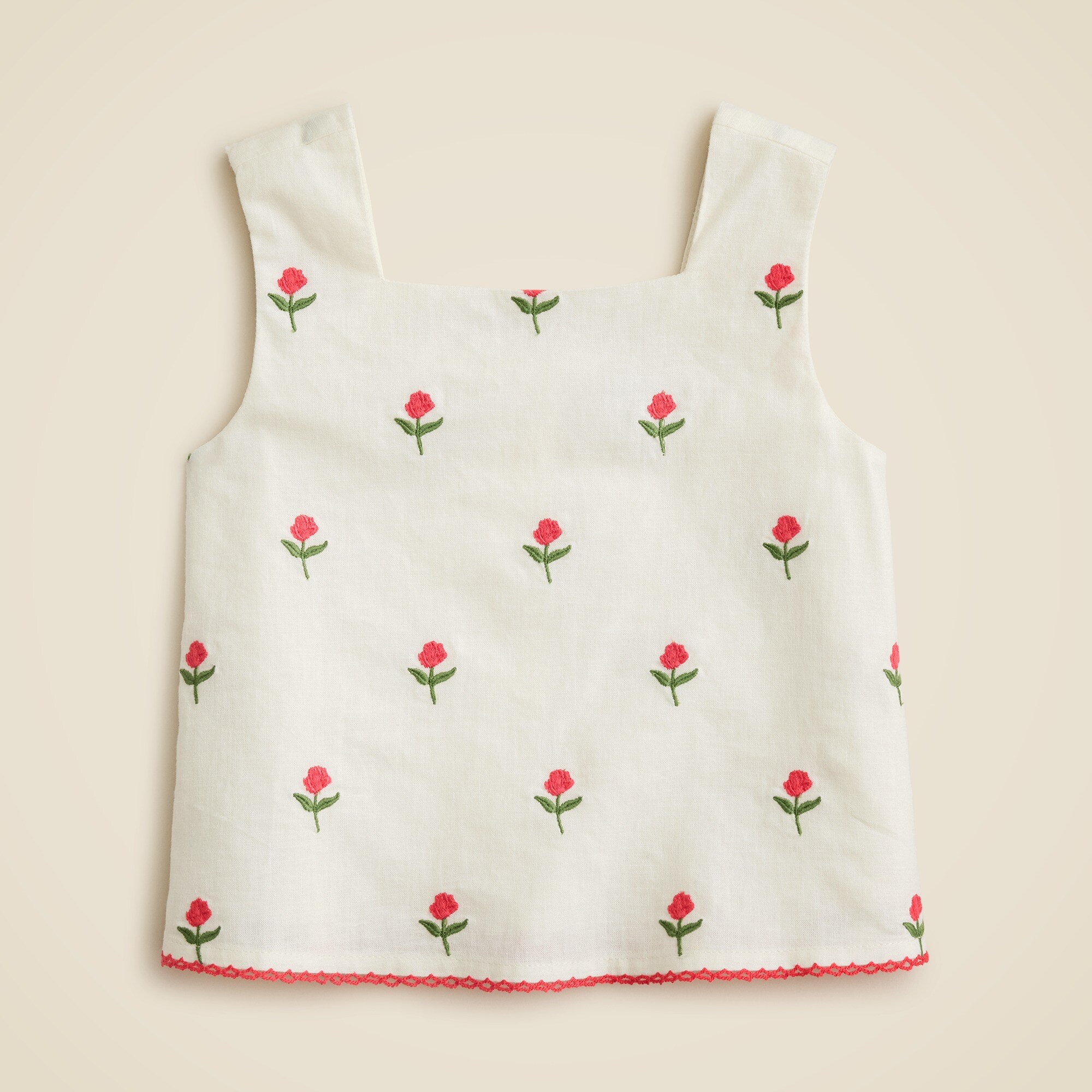 Girls' embroidered squareneck tank top in linen-cotton blend