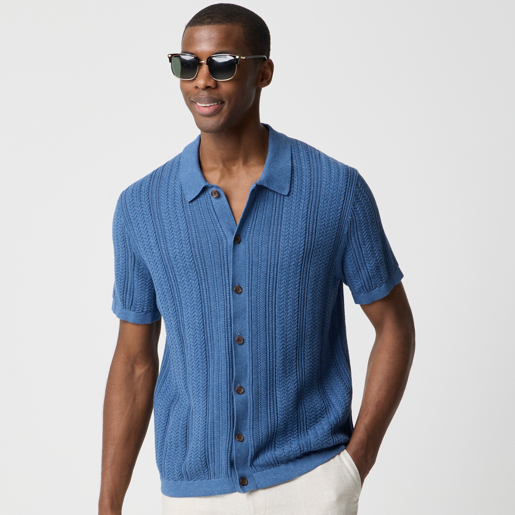 Cable button-front sweater-polo