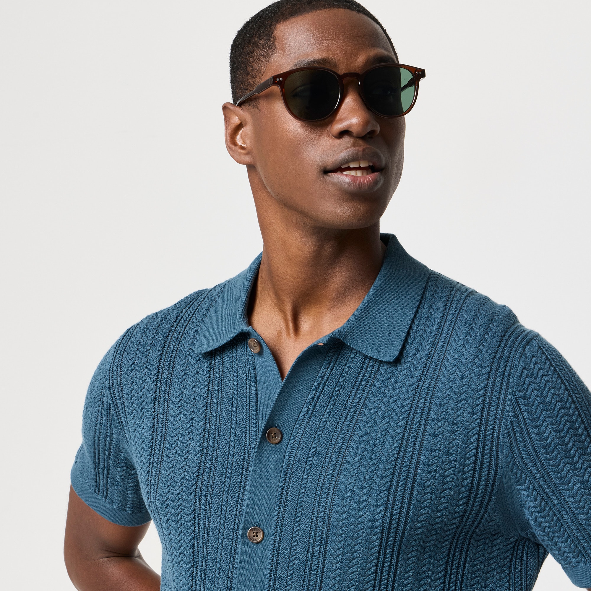 Cable button-front sweater-polo