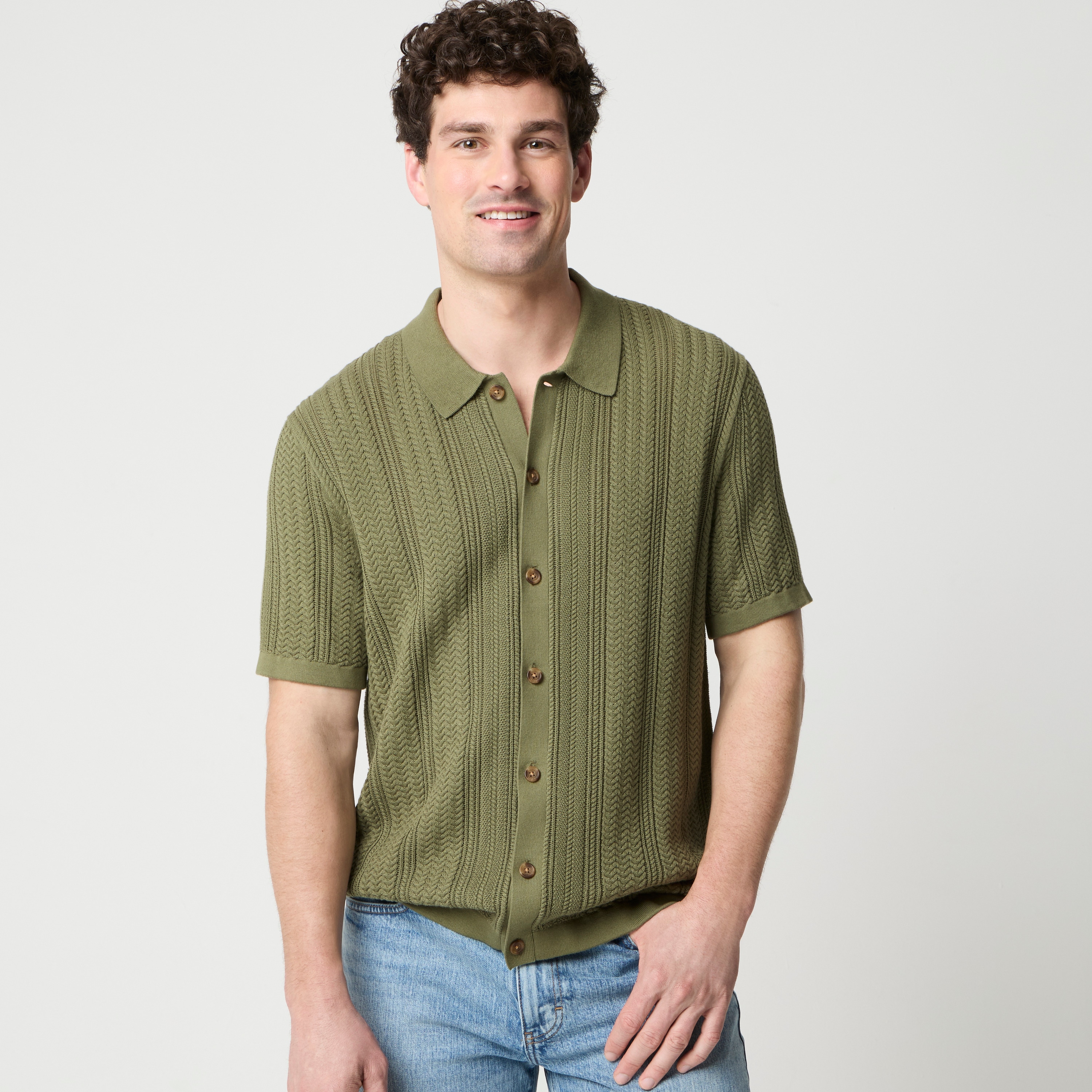 Cable button-front sweater-polo