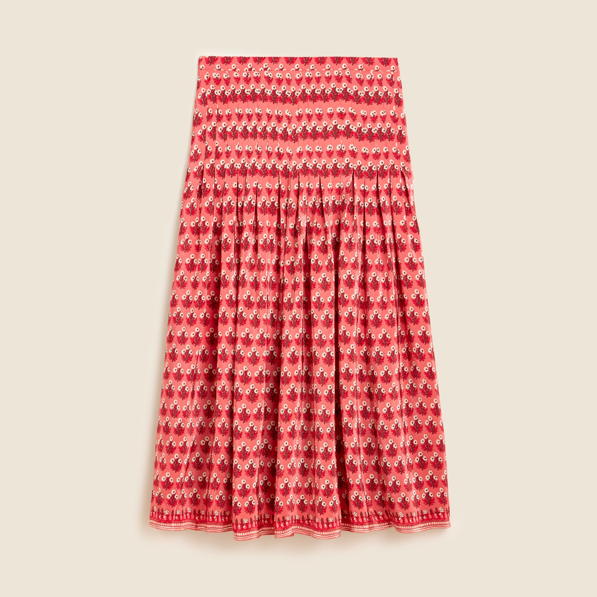 Pleated drop-waist midi skirt in block-print