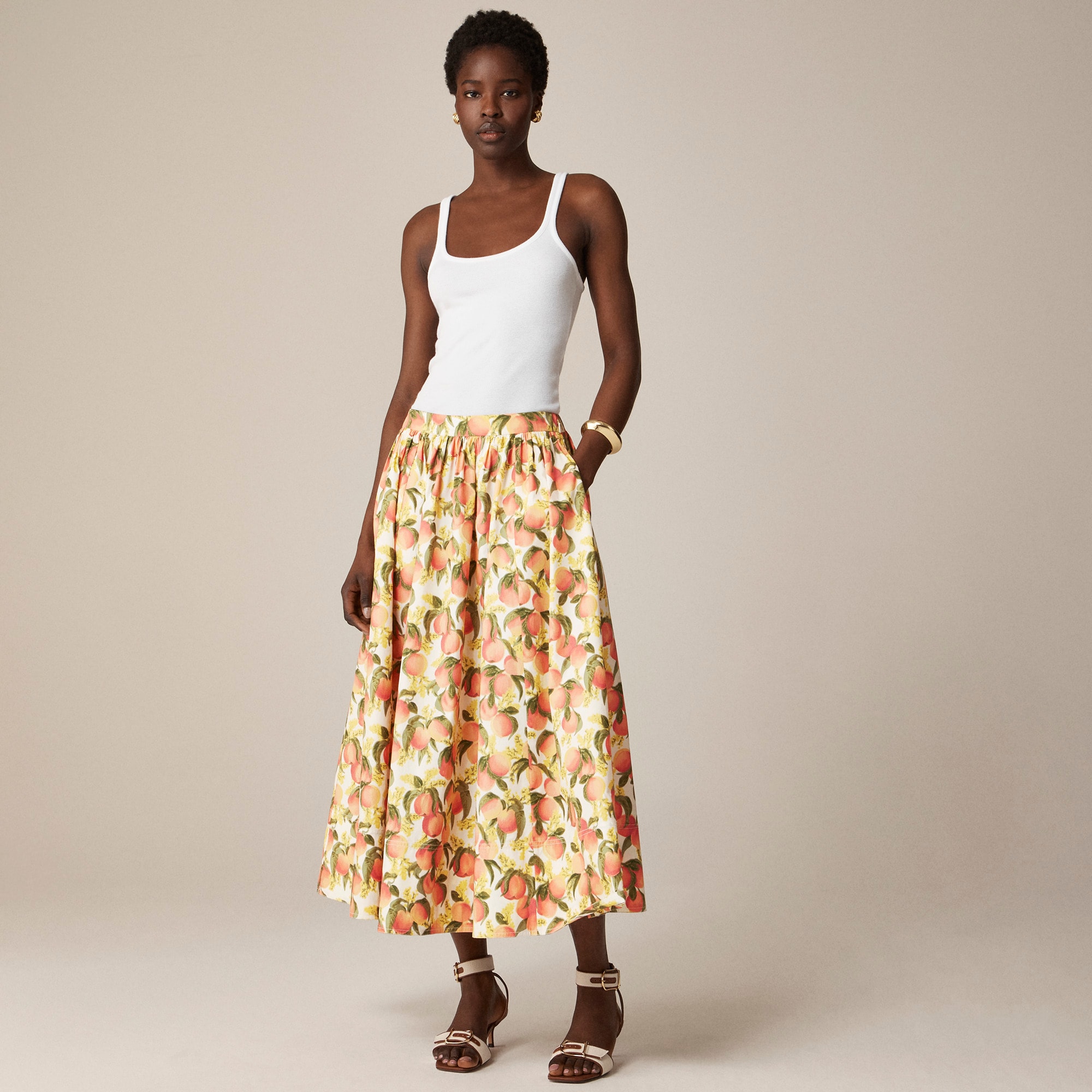 womens A-line maxi skirt in peach print