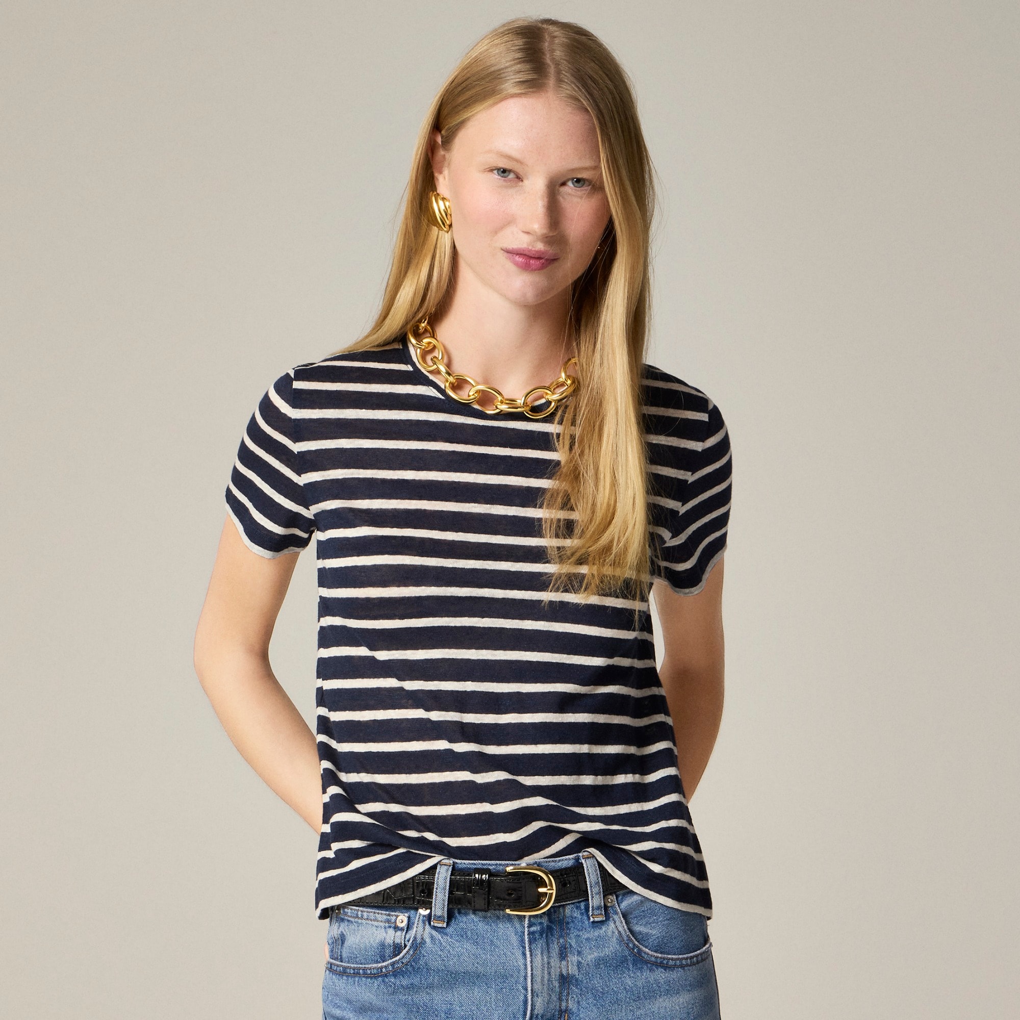 womens New relaxed linen T-shirt in stripe