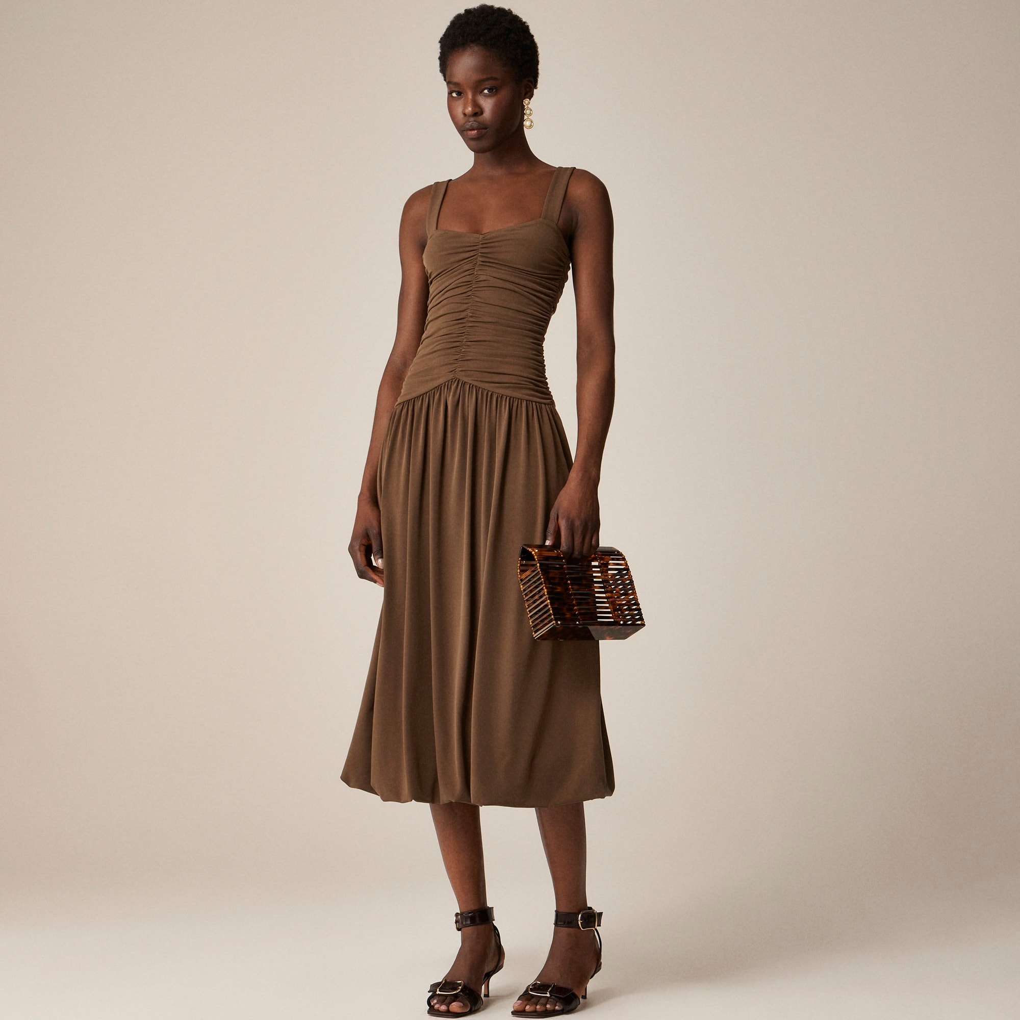 Ruched drop-waist bubble dress in matte jersey