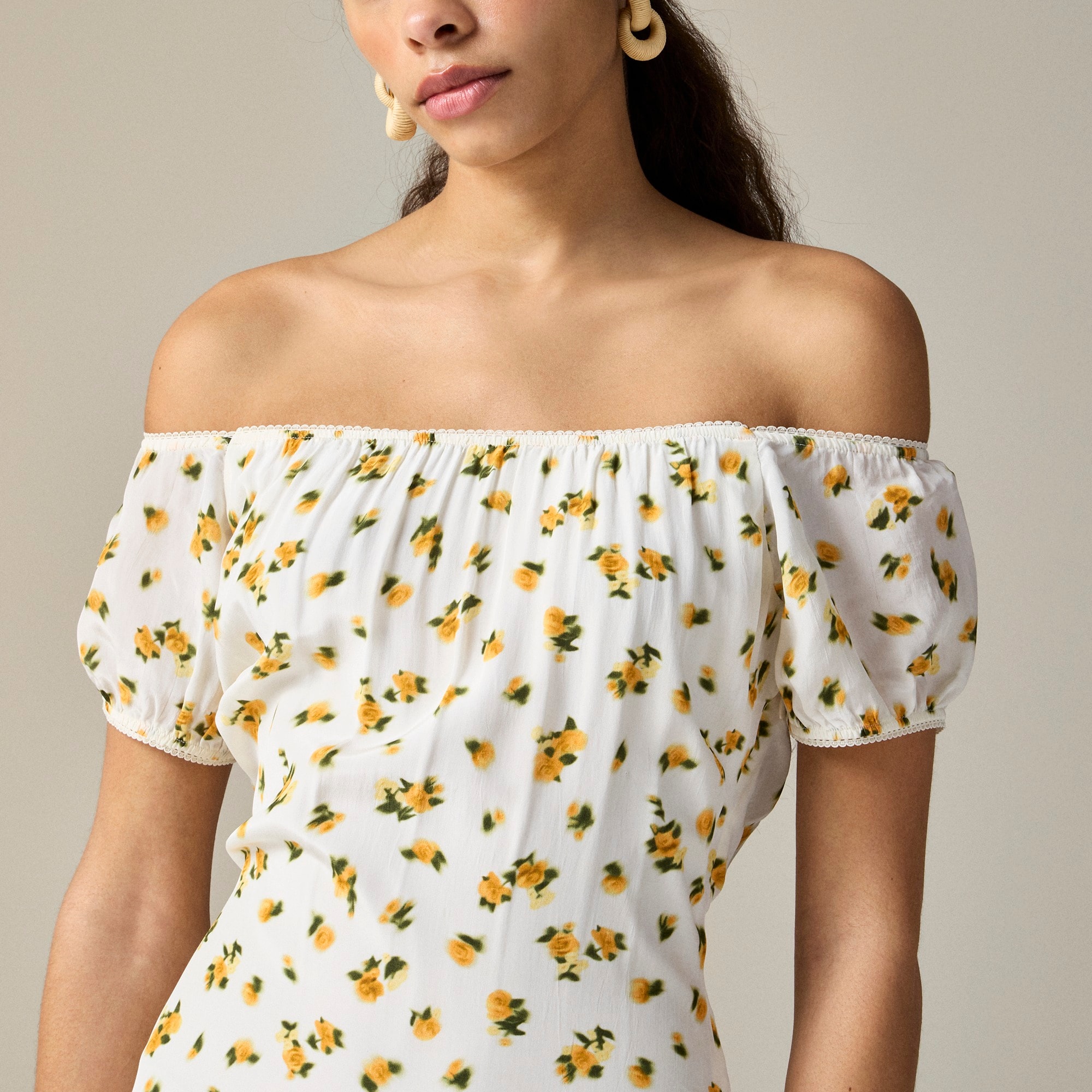 Off-the-shoulder slip dress in blurry rose print