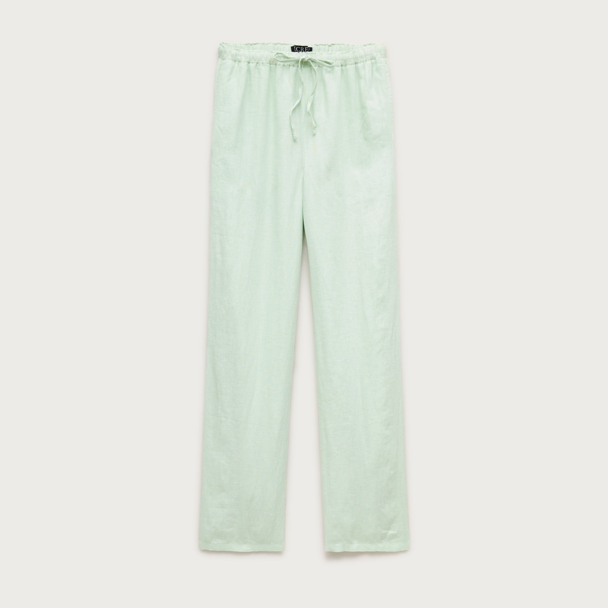 J.Crew Soleil Pant in linen — Sheer Mint colorway, full-body model shot for editorial linen pants roundup summer 2026