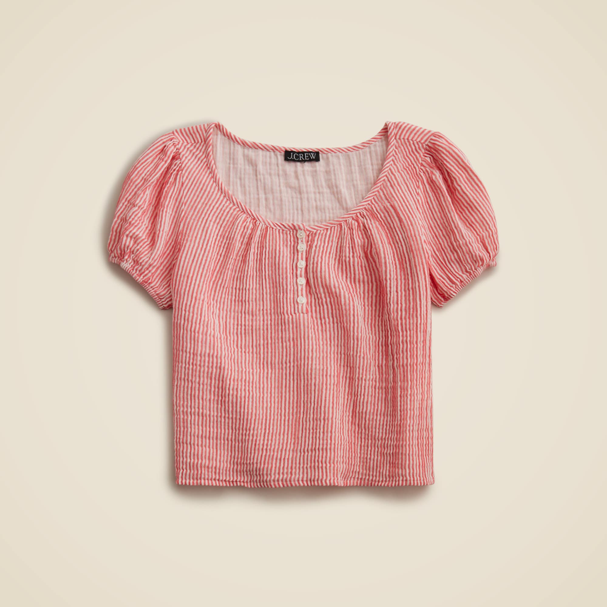 womens Puff-sleeve henley in striped gauze