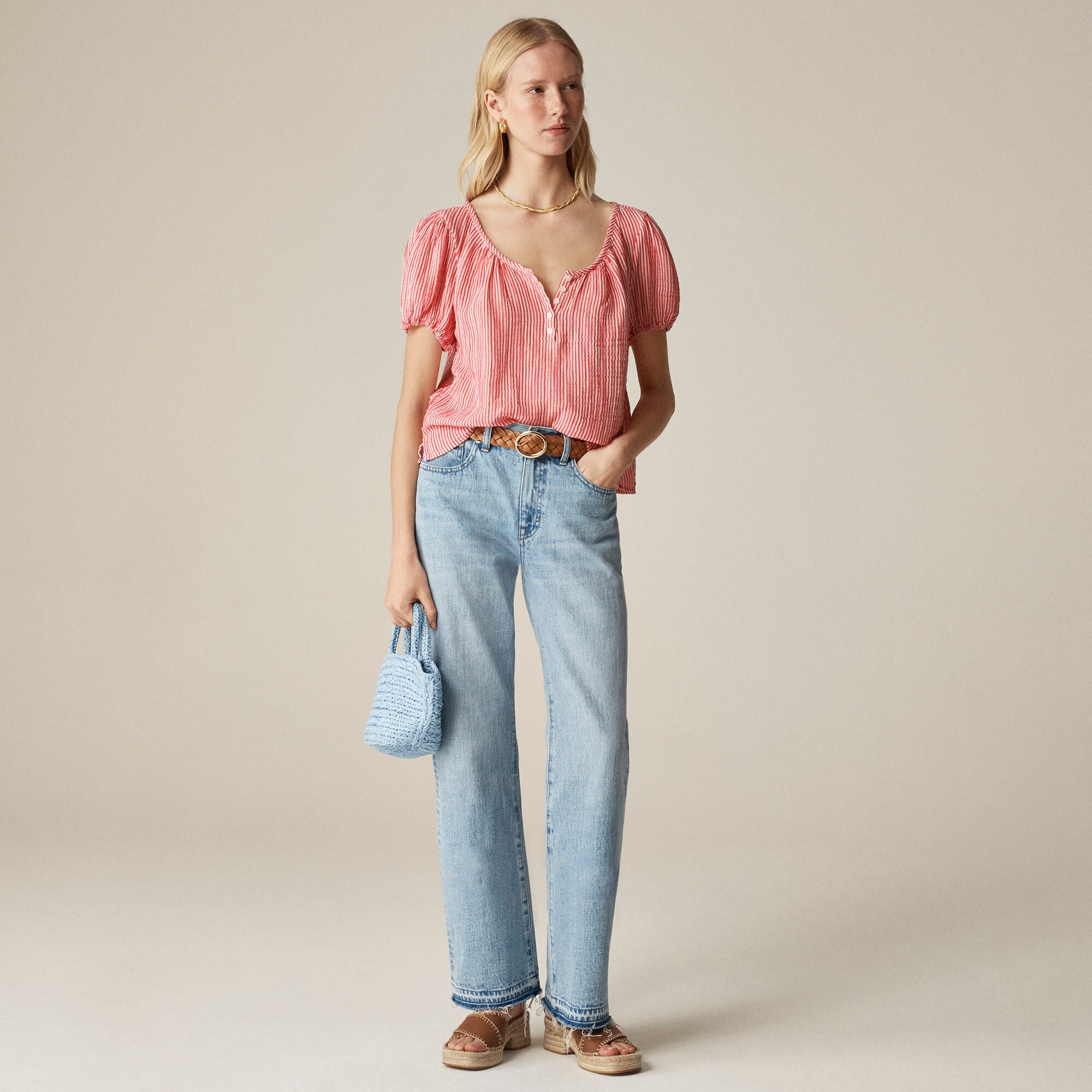 Puff-sleeve henley in striped gauze