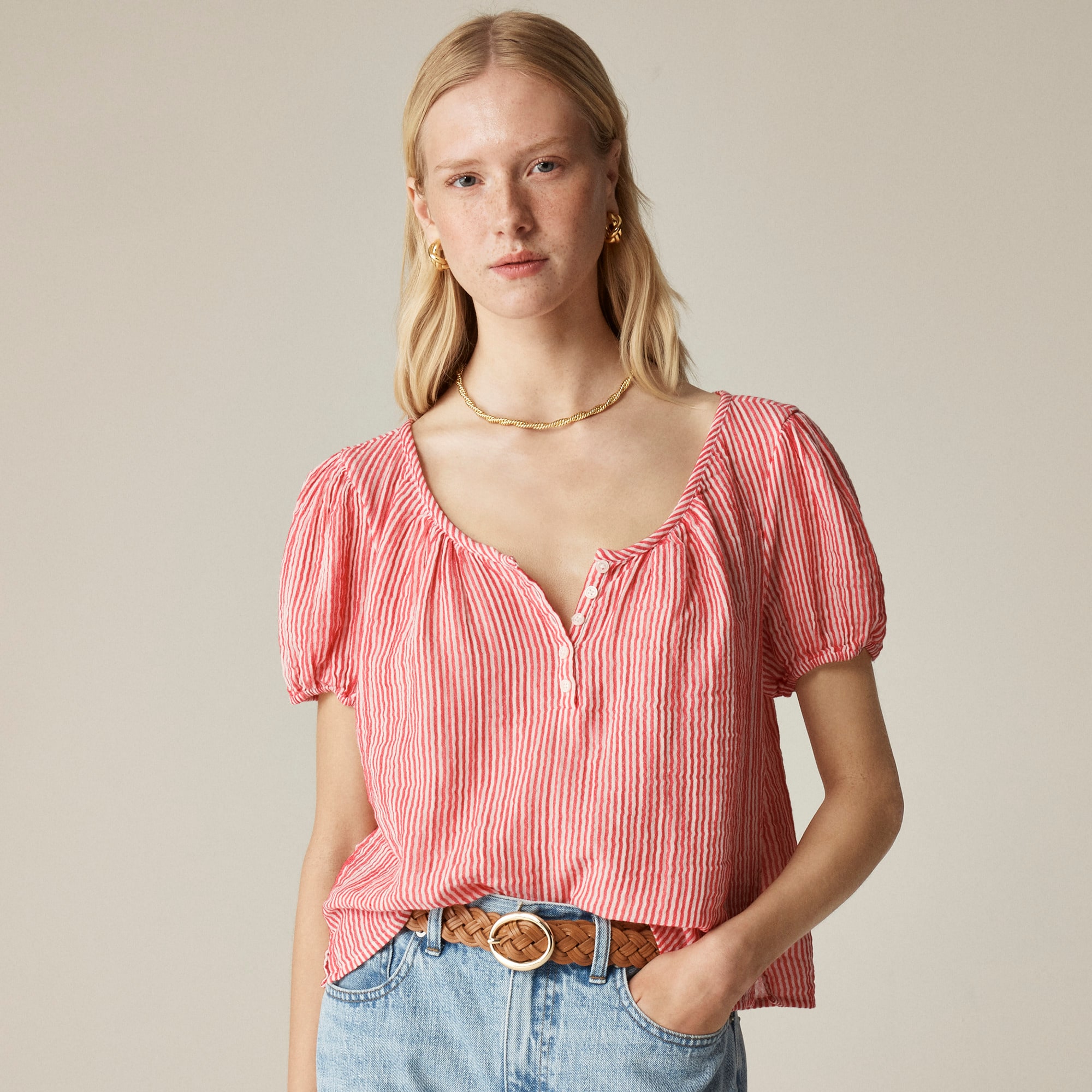 womens Puff-sleeve henley in striped gauze