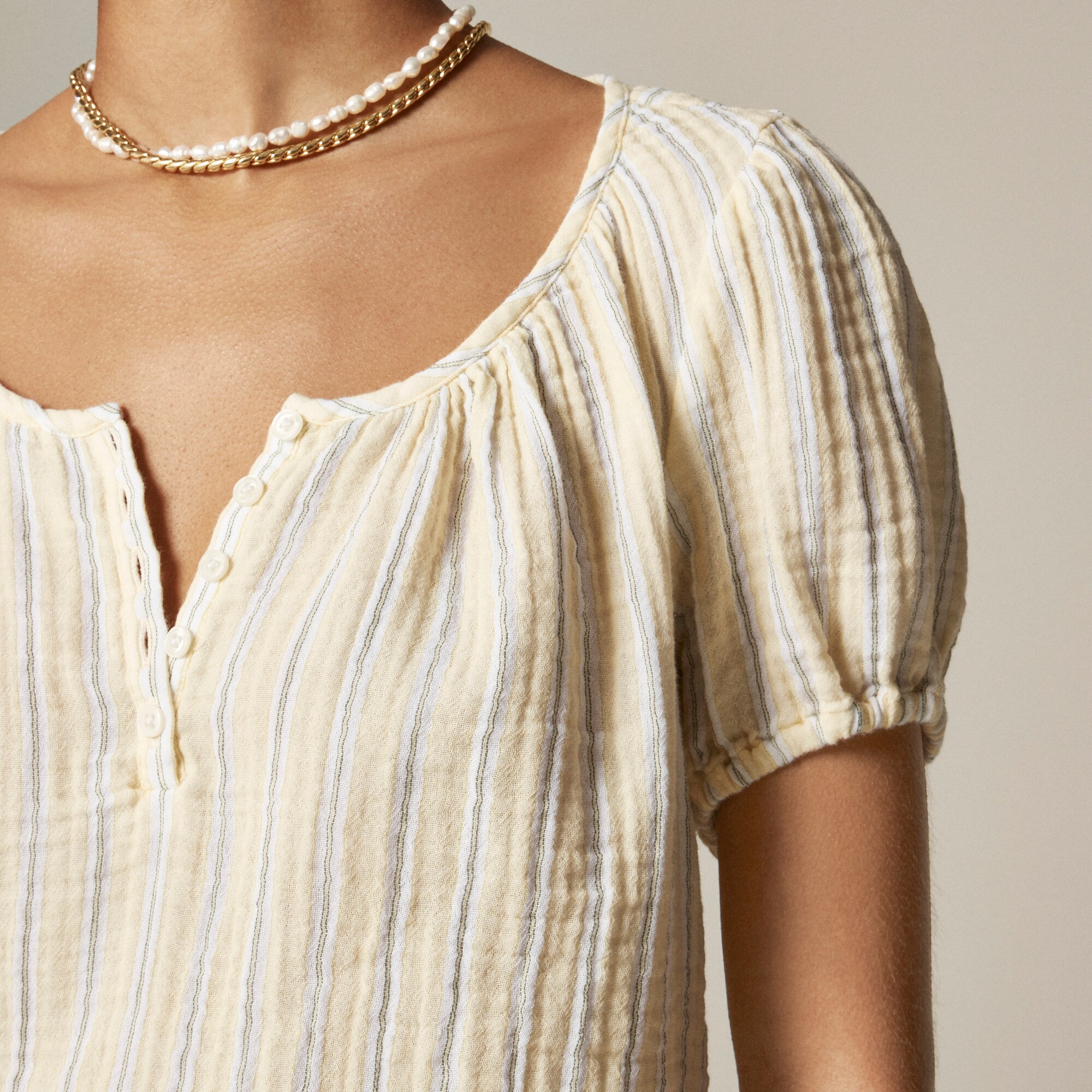 Puff-sleeve henley in striped gauze