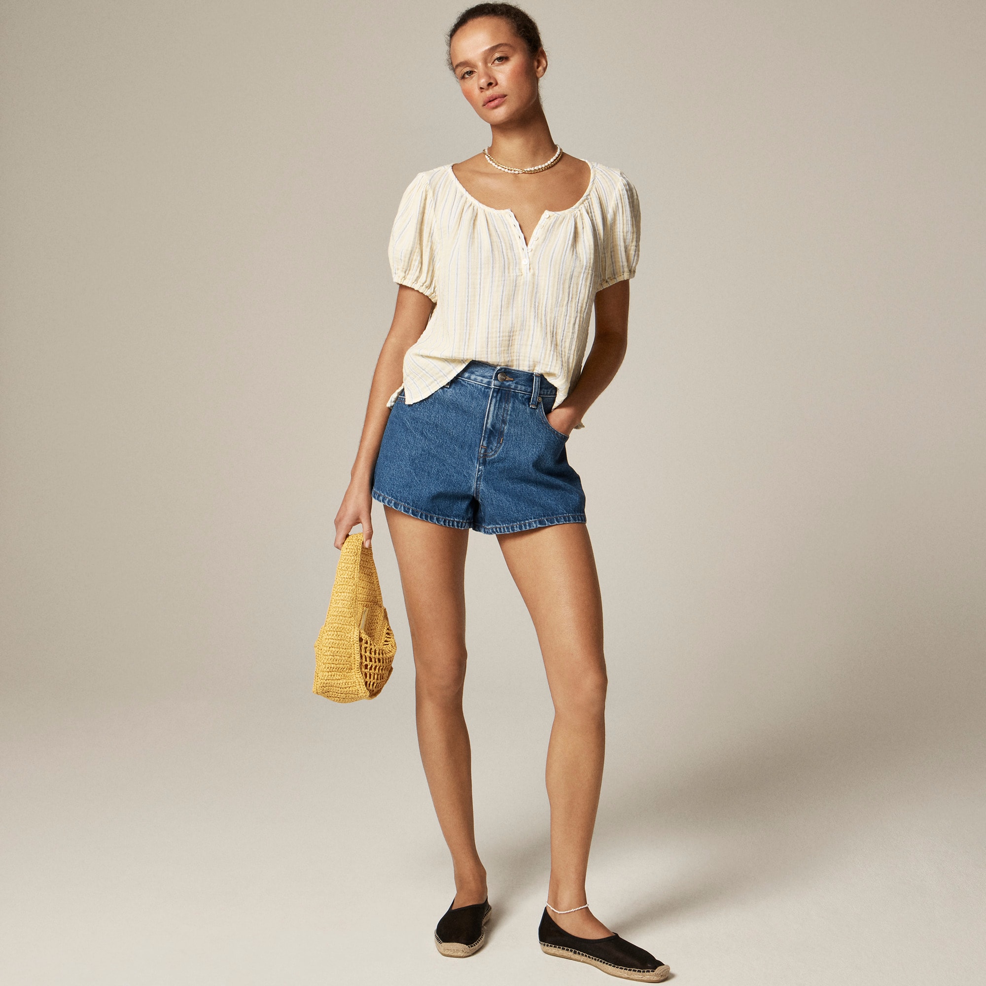 Puff-sleeve henley in striped gauze