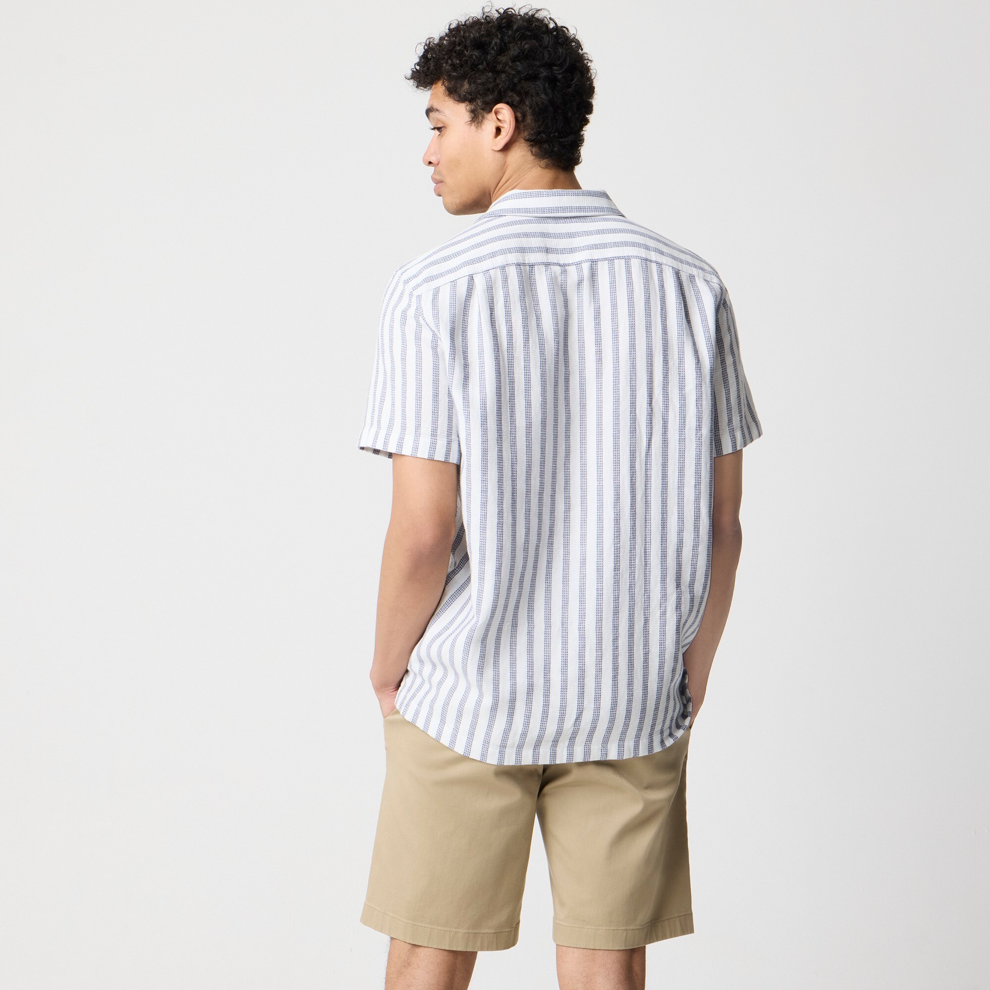 Short-sleeve dobby striped camp shirt