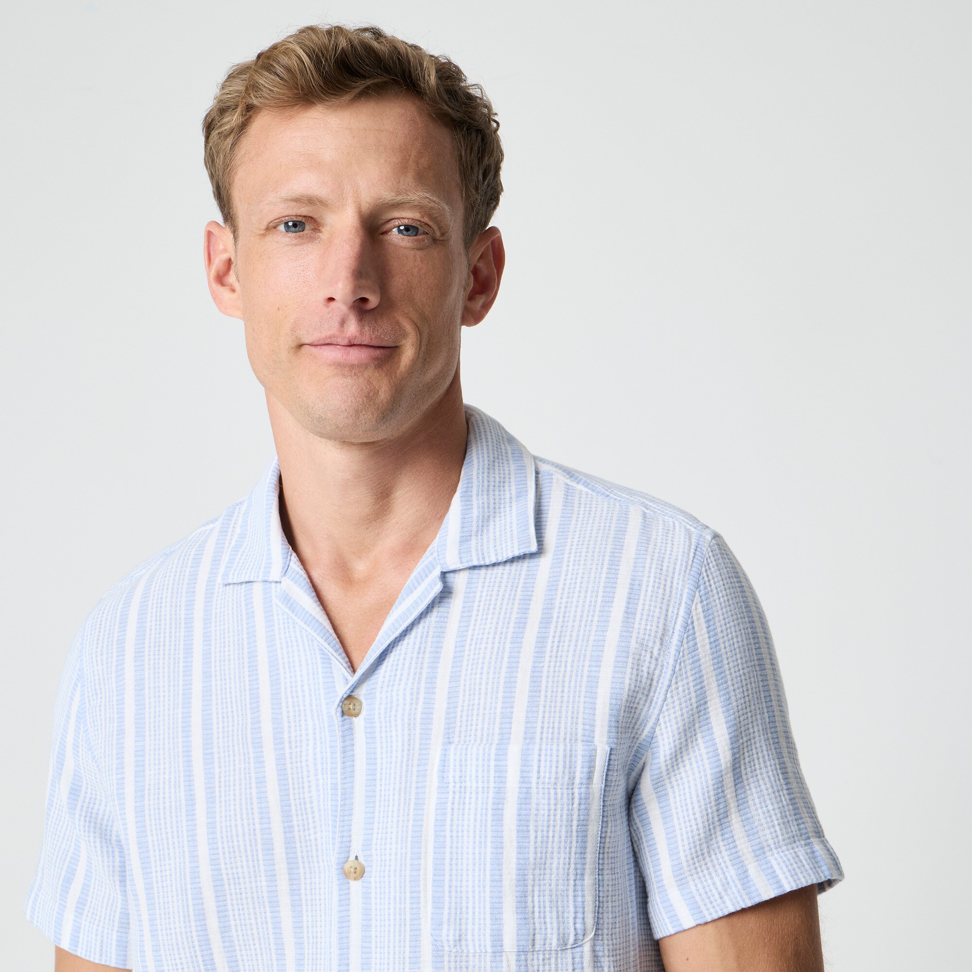 Short-sleeve dobby striped camp shirt