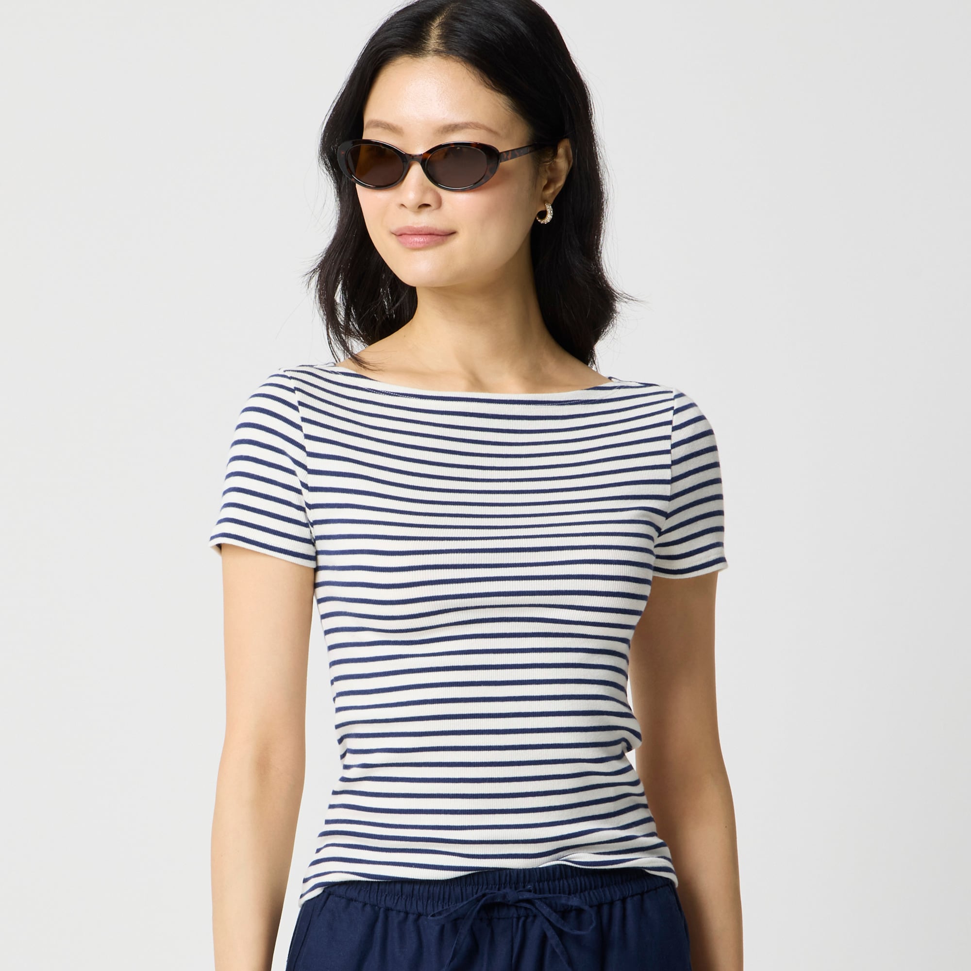 womens Short-sleeve striped ribbed bateau-neck tee