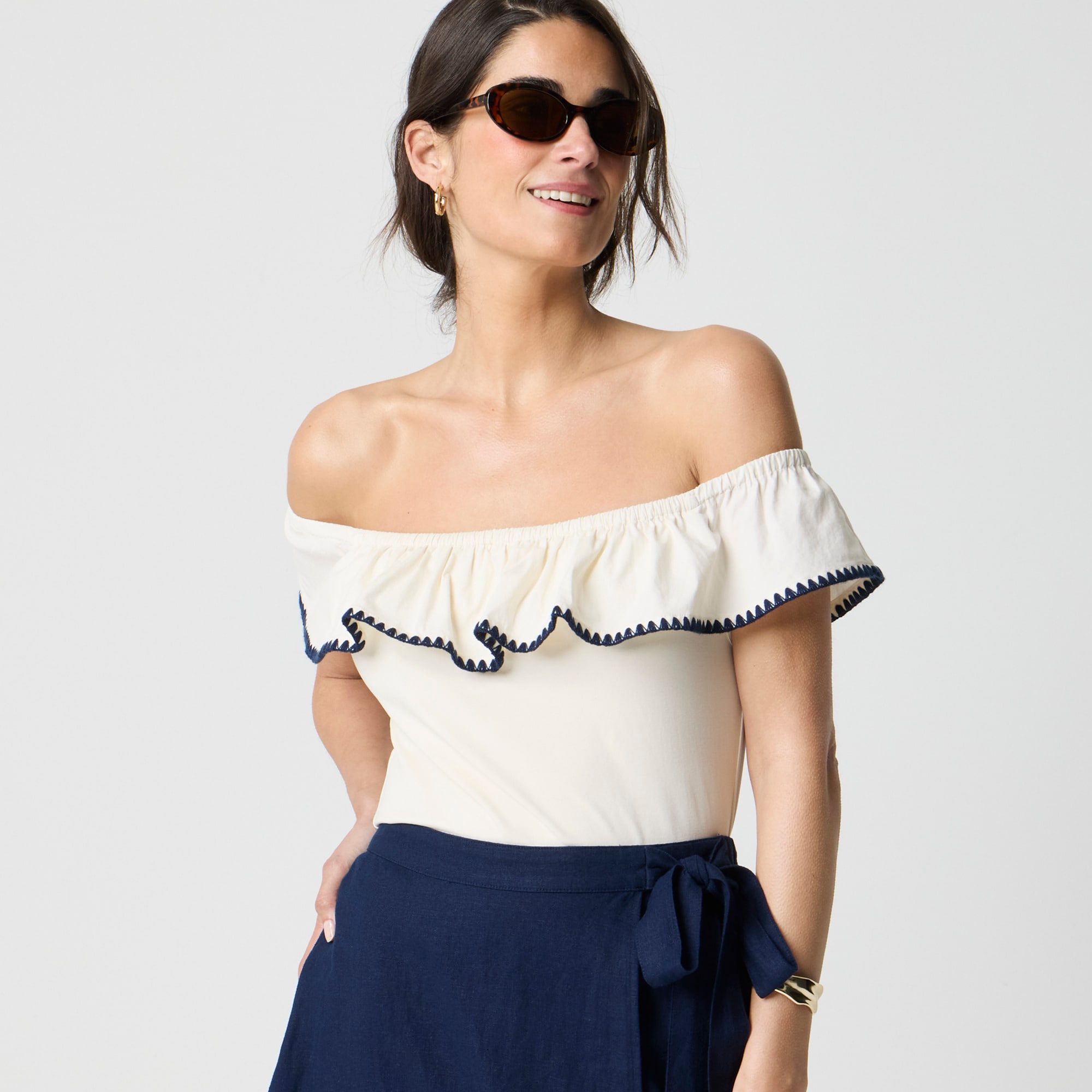 womens Blanket-stitch off-the-shoulder top