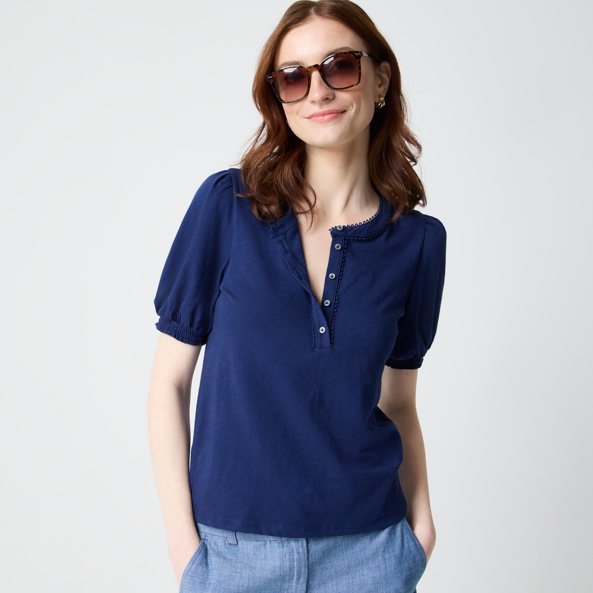 Smocked henley knit top