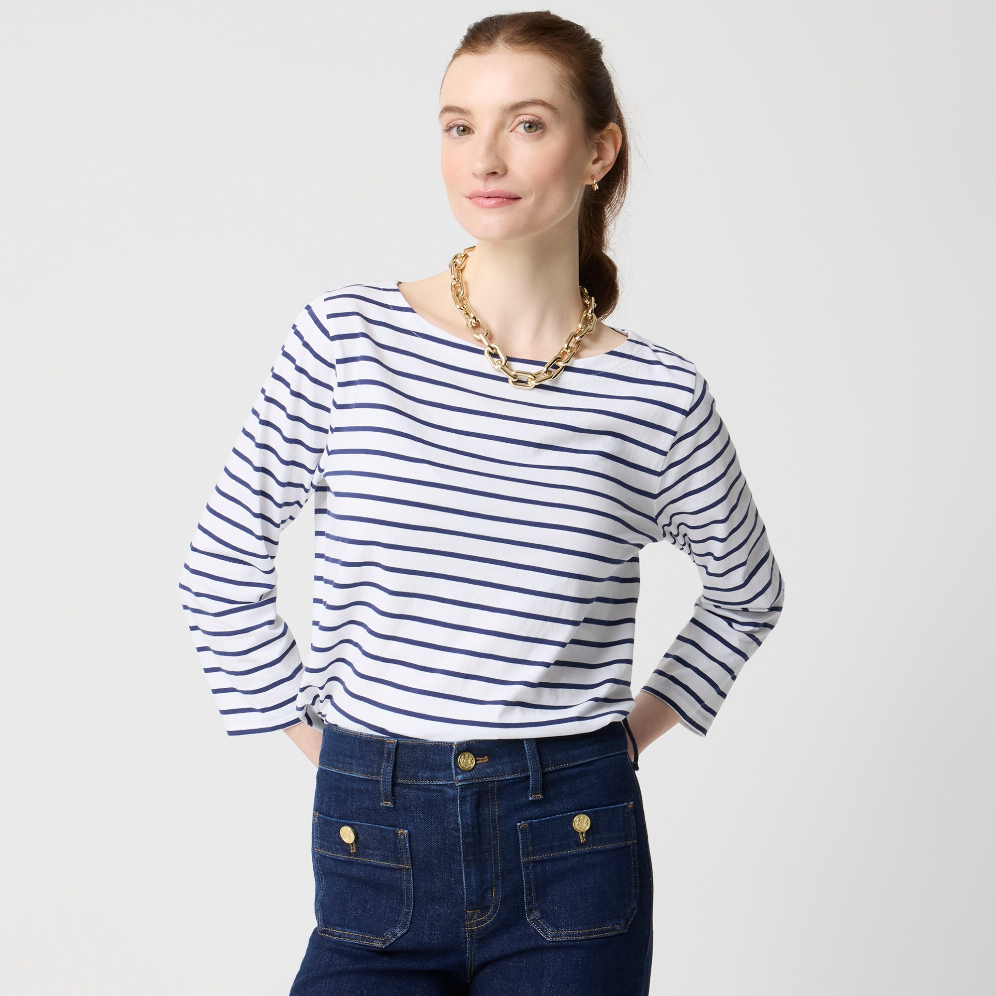 womens Striped three-quarter sleeve boatneck tee