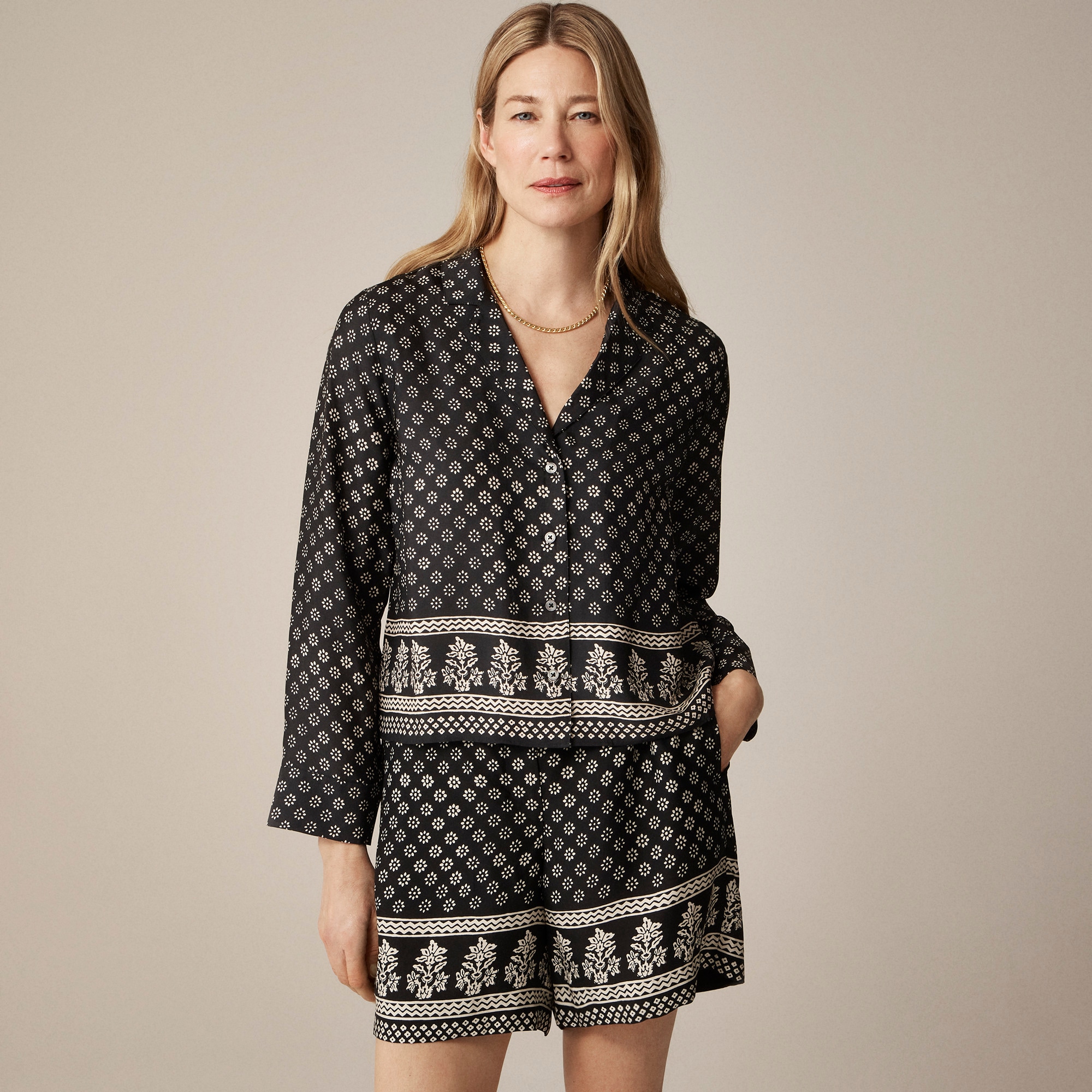 Camp-collar button-up shirt in block print