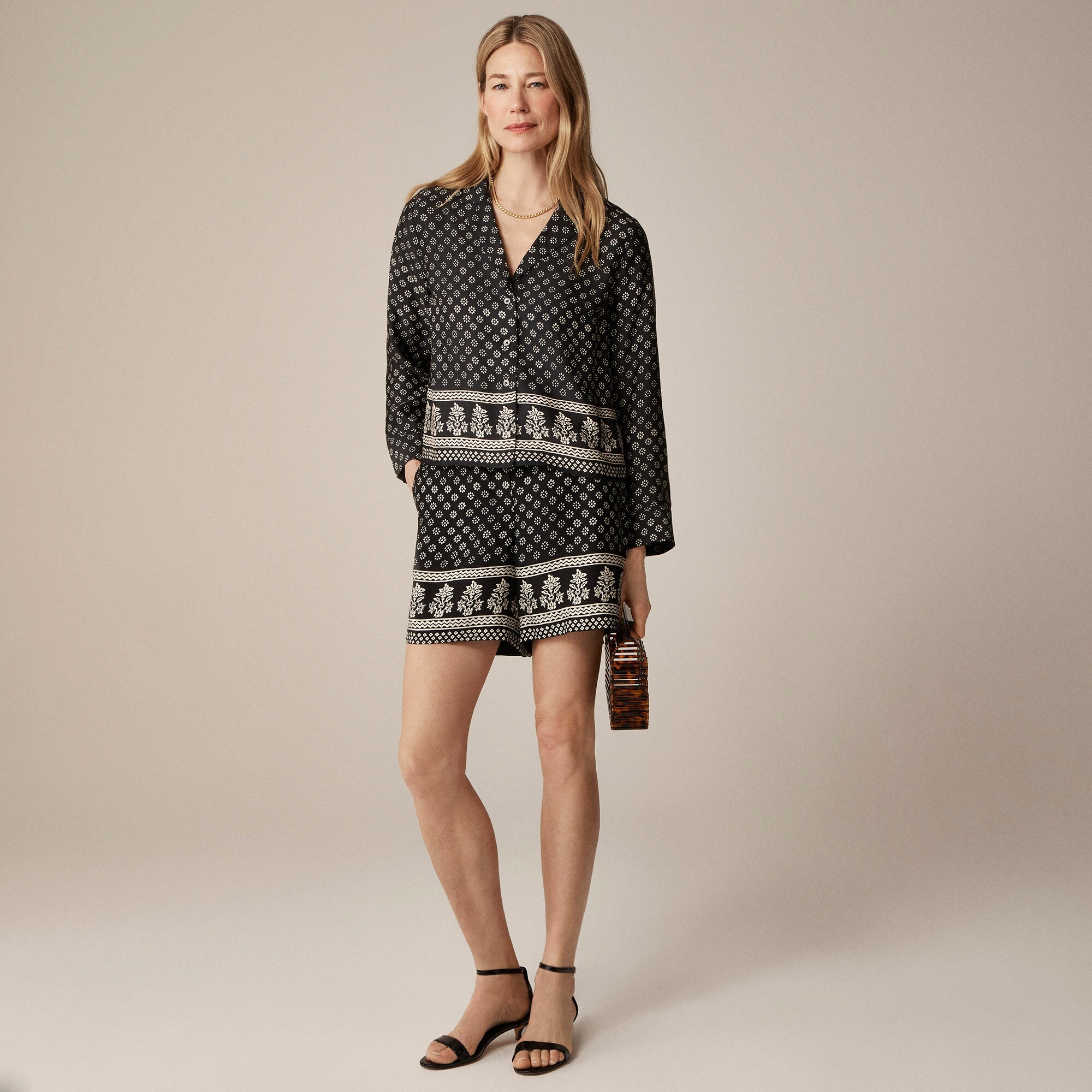 Camp-collar button-up shirt in block print