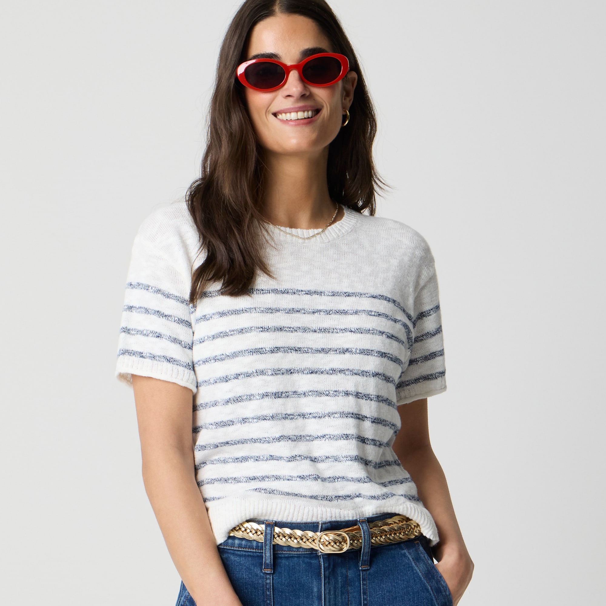 womens Striped short-sleeve relaxed beach sweater