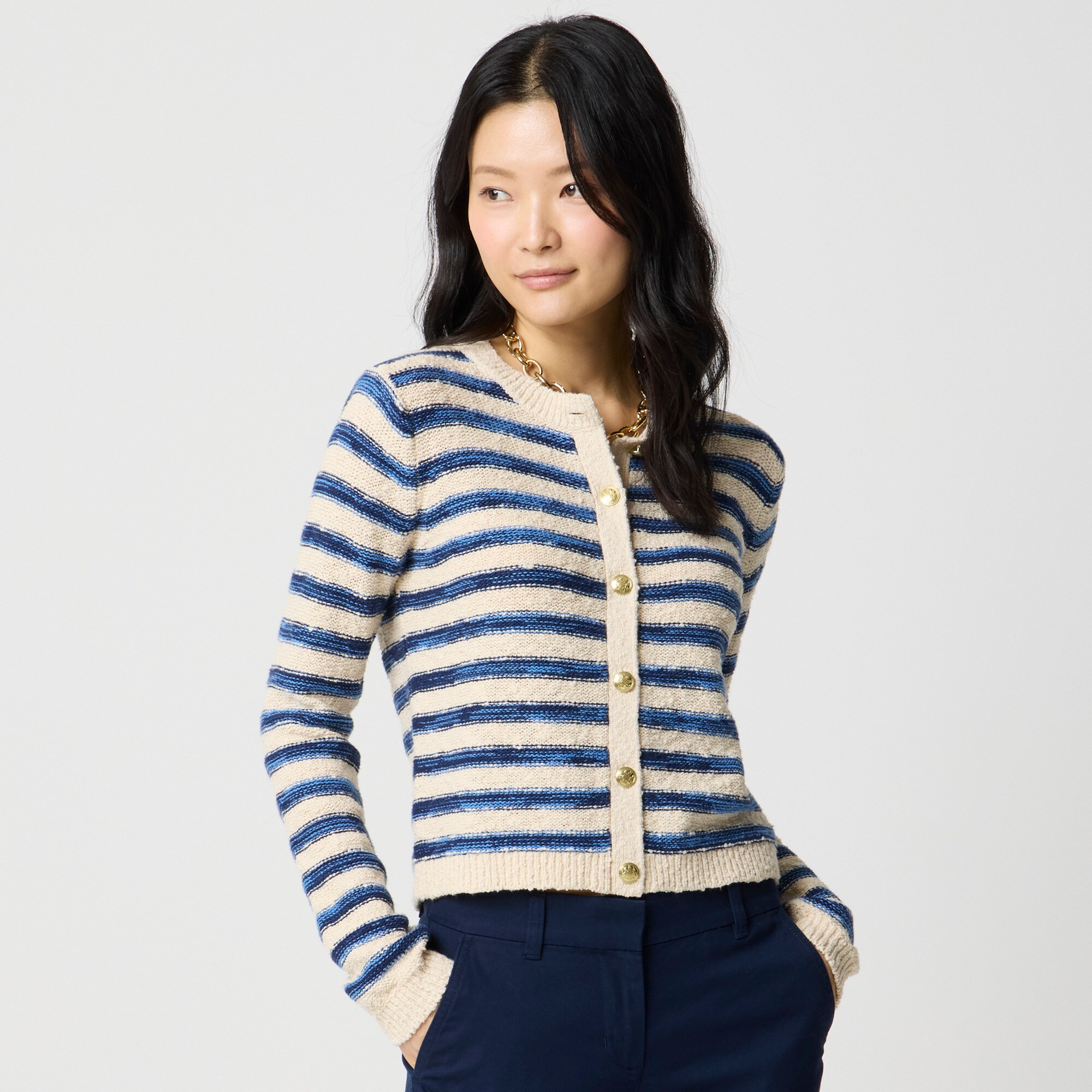 Striped slub cardigan sweater
