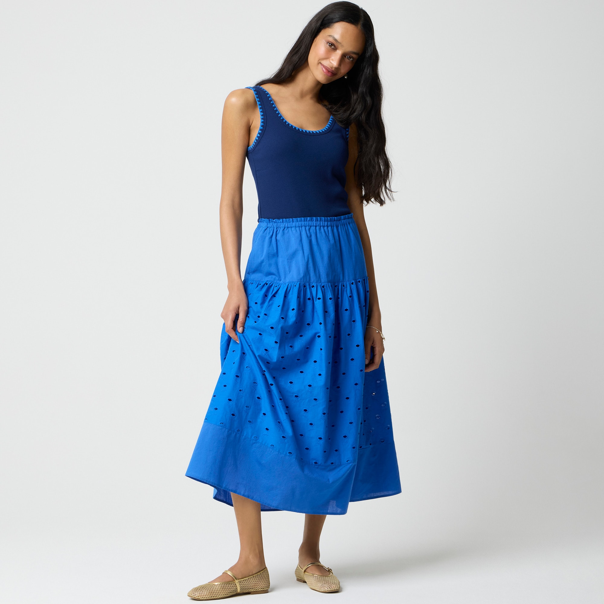  Drop-waist eyelet midi skirt
