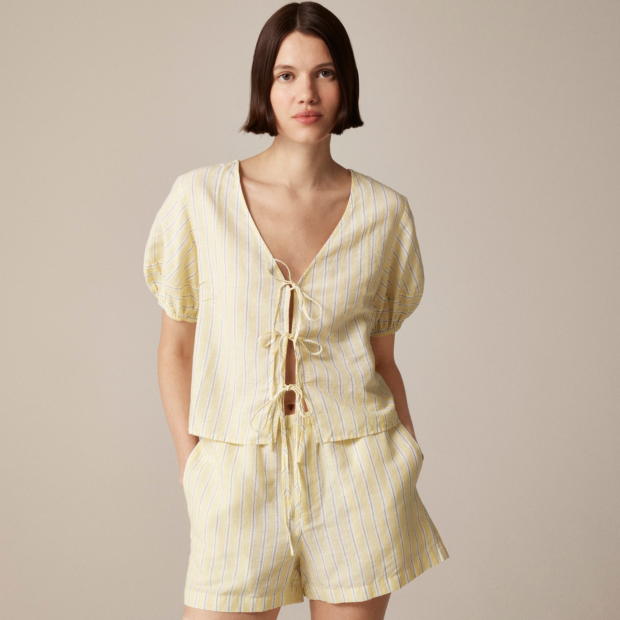 womens Linen-cotton blend tie-front short set