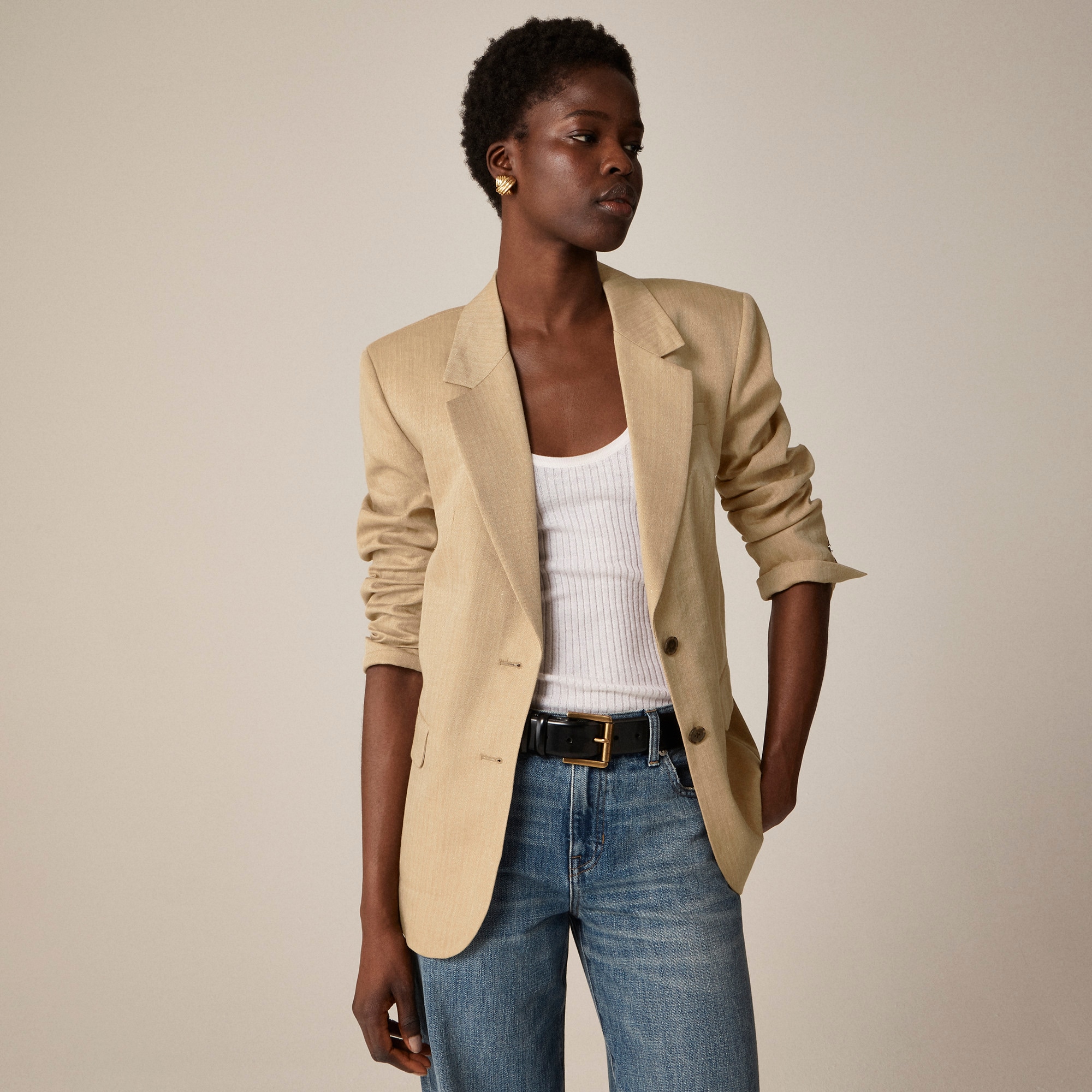 womens Classic two-button blazer in herringbone linen blend