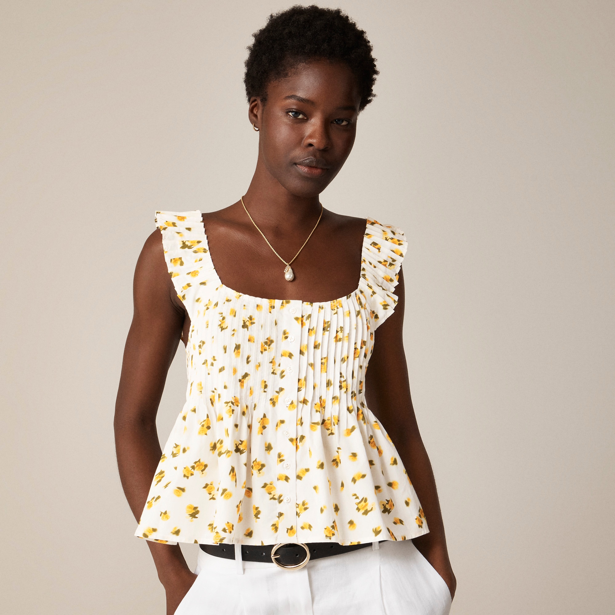  Pintuck peplum top in budding rose print