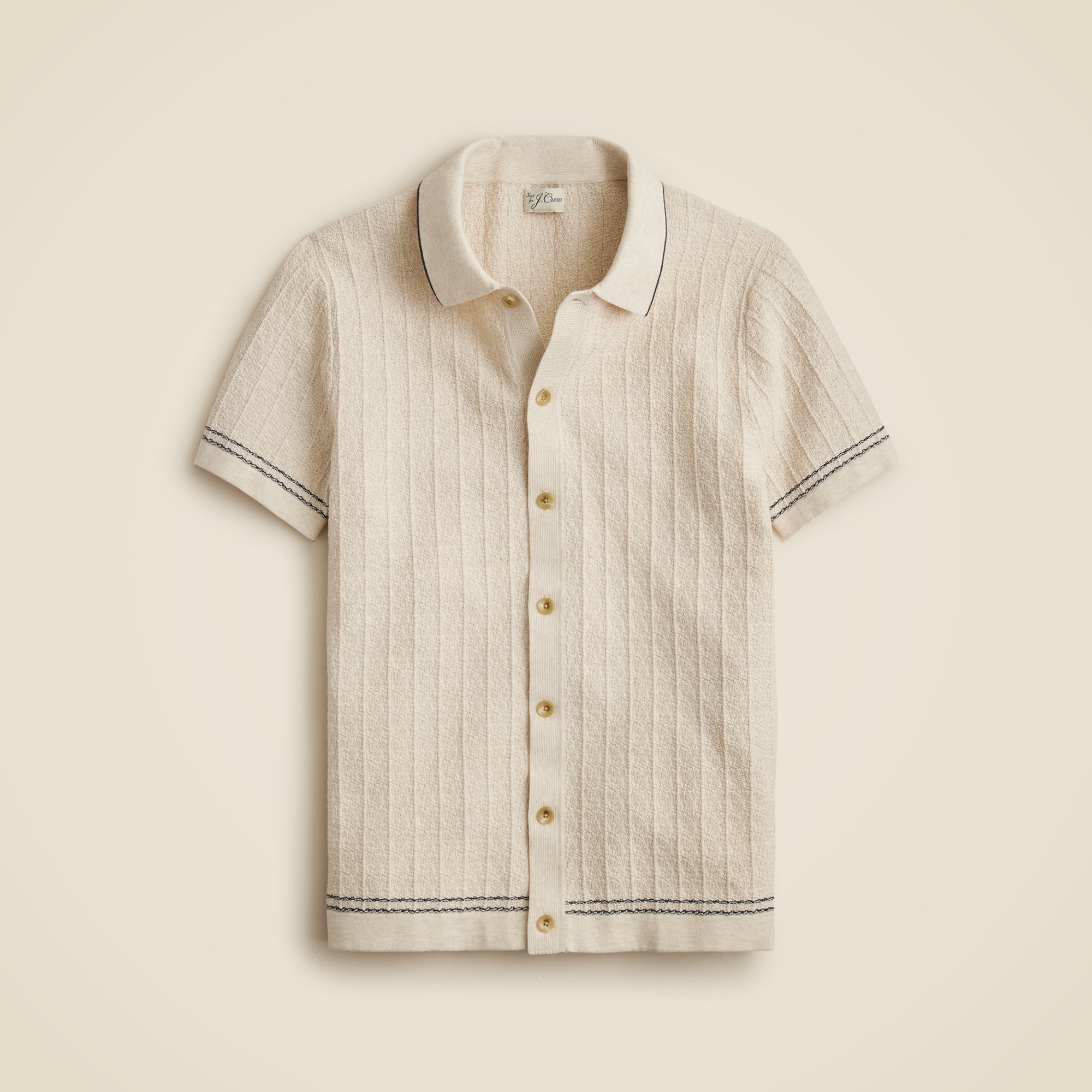 Short-sleeve Cotton Texture-stitch Polo Cardigan Sweater For Men