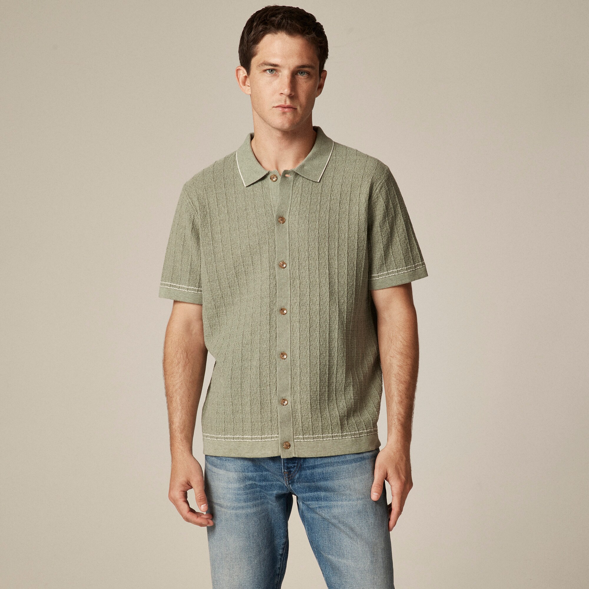 Short-sleeve cotton texture-stitch polo cardigan sweater