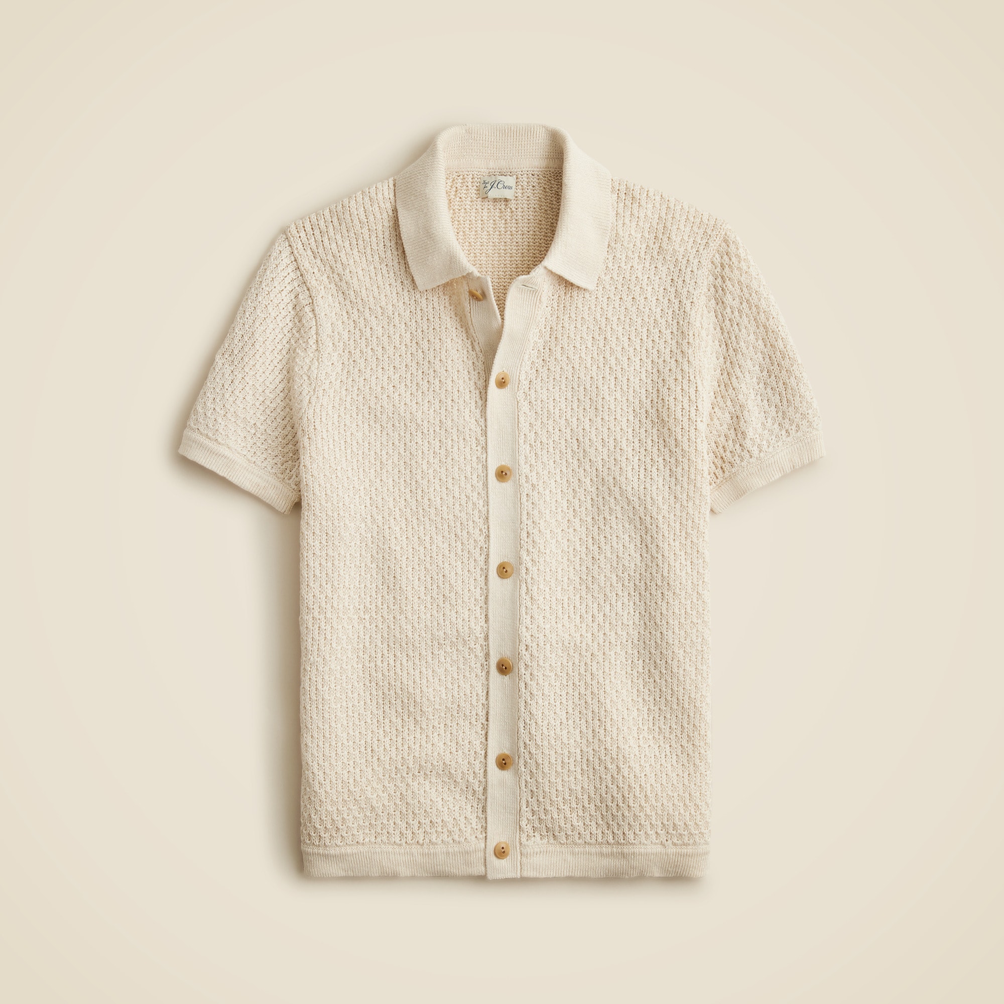 Short-sleeve linen texture-stitch cardigan sweater-polo