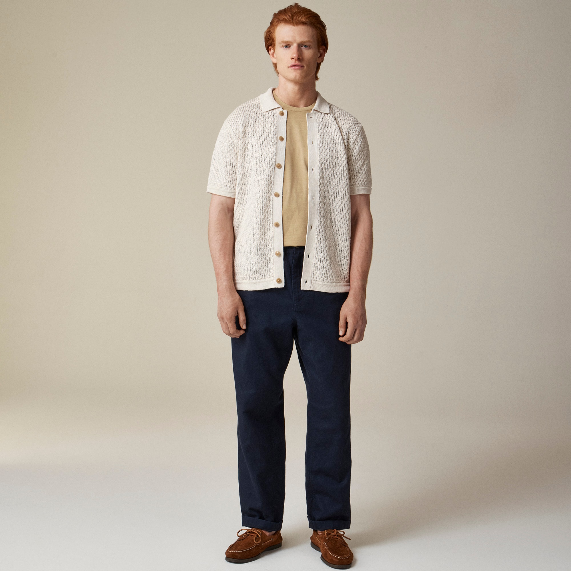 mens Short-sleeve linen texture-stitch cardigan sweater-polo