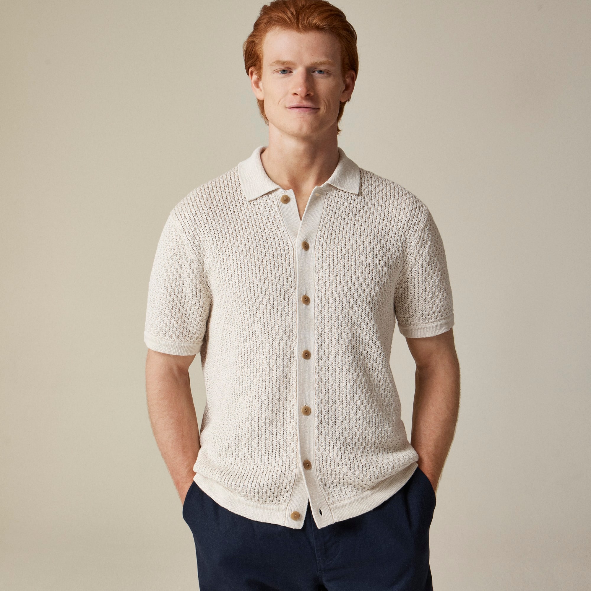 mens Short-sleeve linen texture-stitch cardigan sweater-polo