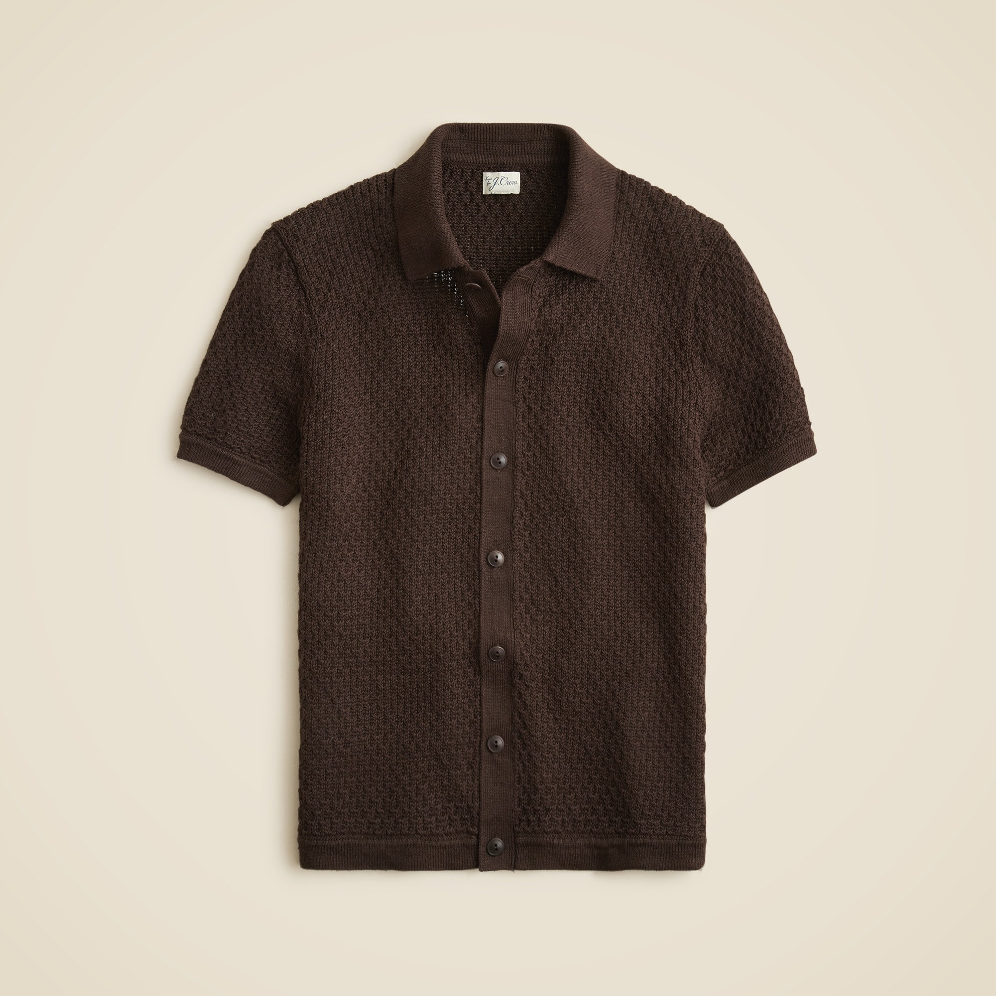 Short-sleeve linen texture-stitch cardigan sweater-polo