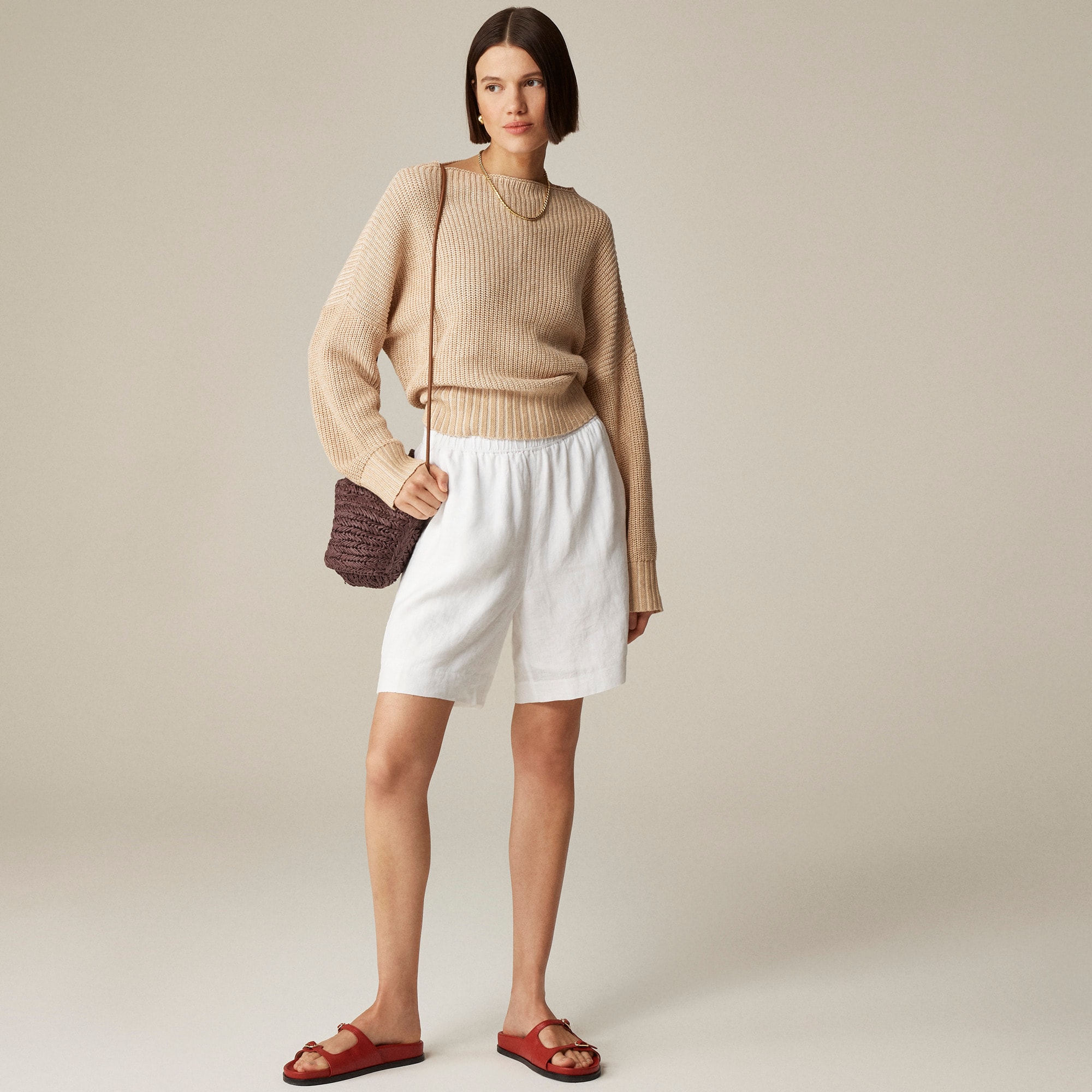womens Ribbed funnelneck sweater in linen-cotton blend