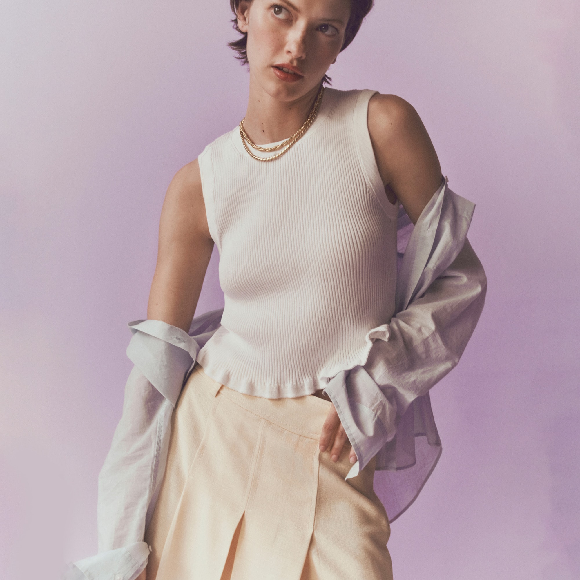 Ruffle-trim shell tank top in premium ultra-fine cotton