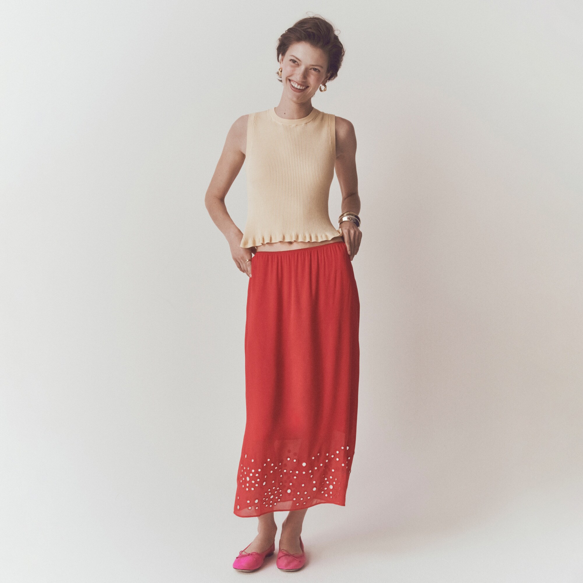 Ruffle-trim shell tank top in premium ultra-fine cotton