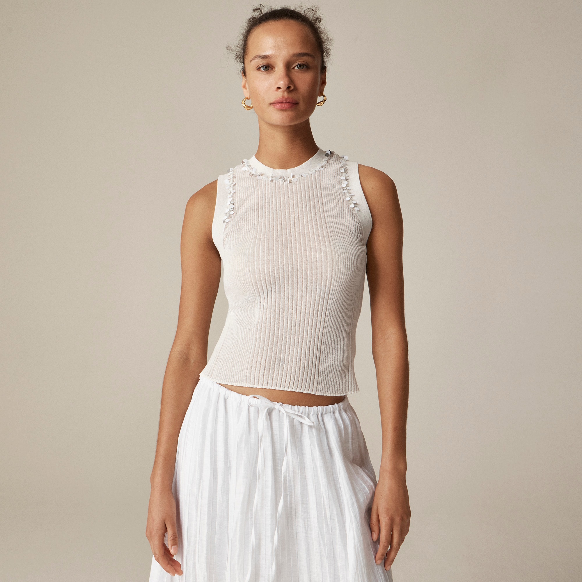 womens Sheer ruffle-trim tank top with sequin embellishments