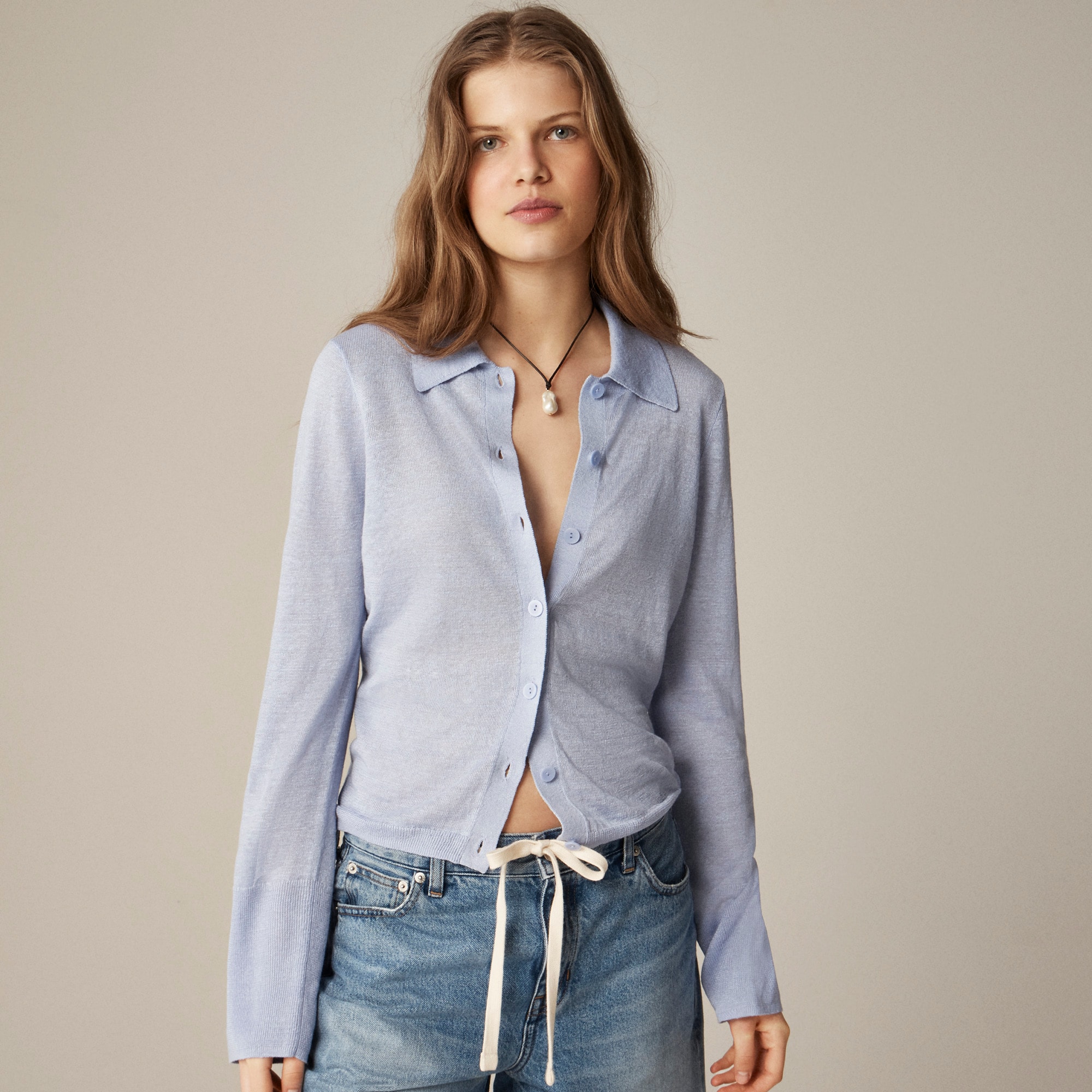 Collared button-up sweater in linen