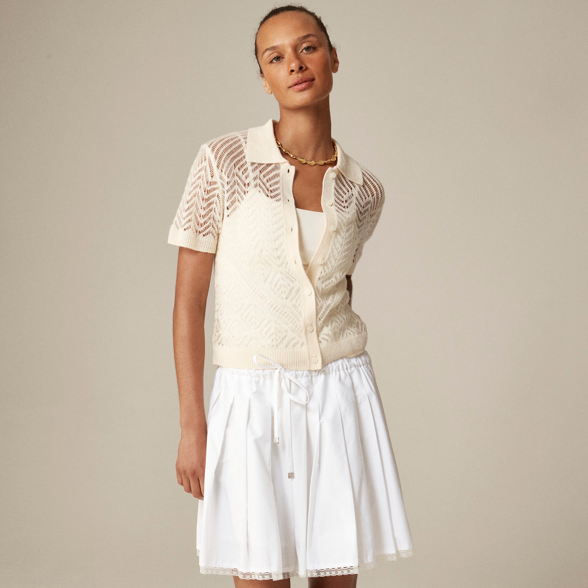  Sheer pointelle button-up short-sleeve cardigan in cashmere