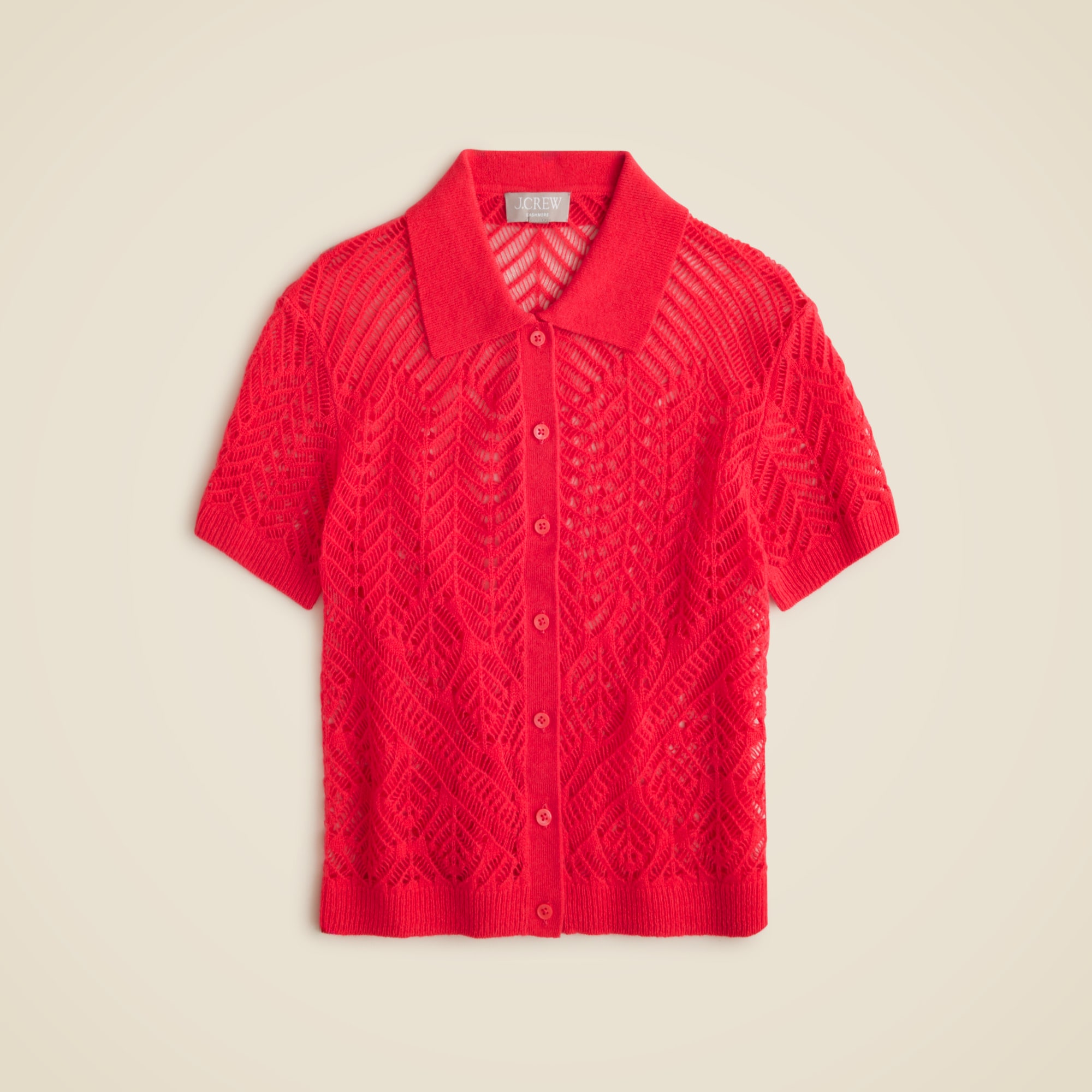 Sheer pointelle button-up short-sleeve cardigan in cashmere